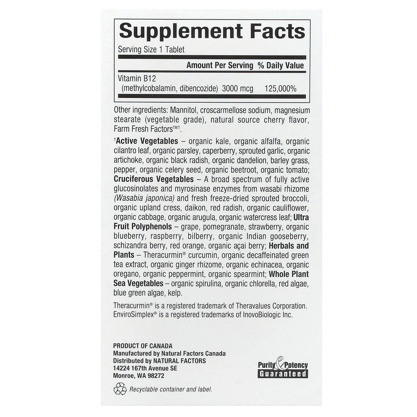 Natural Factors, BioCoenzymated, метилкобаламин и дибенкозид, витамин B12, 3000 мкг, 30 жевательных таблеток