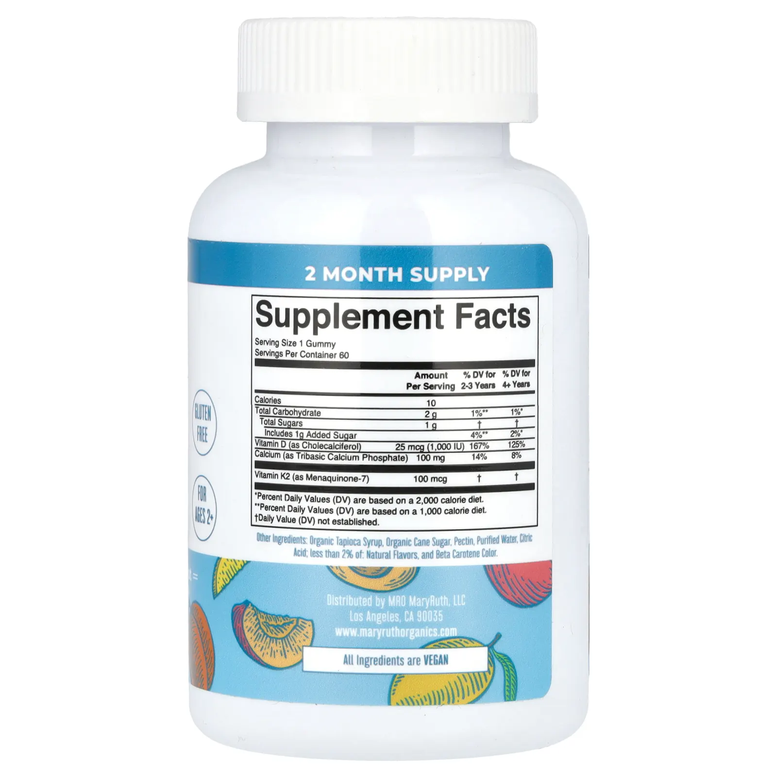 MaryRuth's, Жевательные мармеладки с кальцием K2 + D3, персик, манго и абрикос, 60 жевательных таблеток