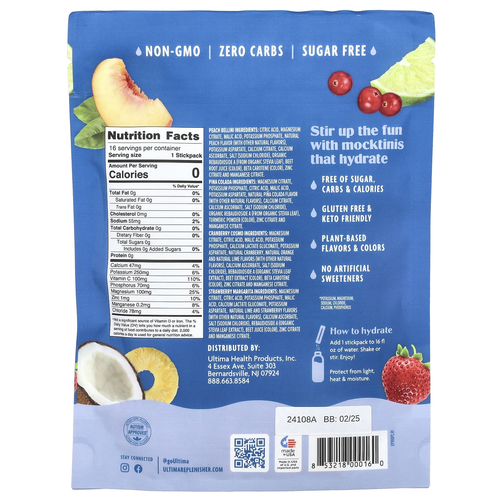 Ultima Replenisher, 6 незаменимых электролитов, ежедневная смесь для приготовления электролитов, набор Mocktini, 16 стиков