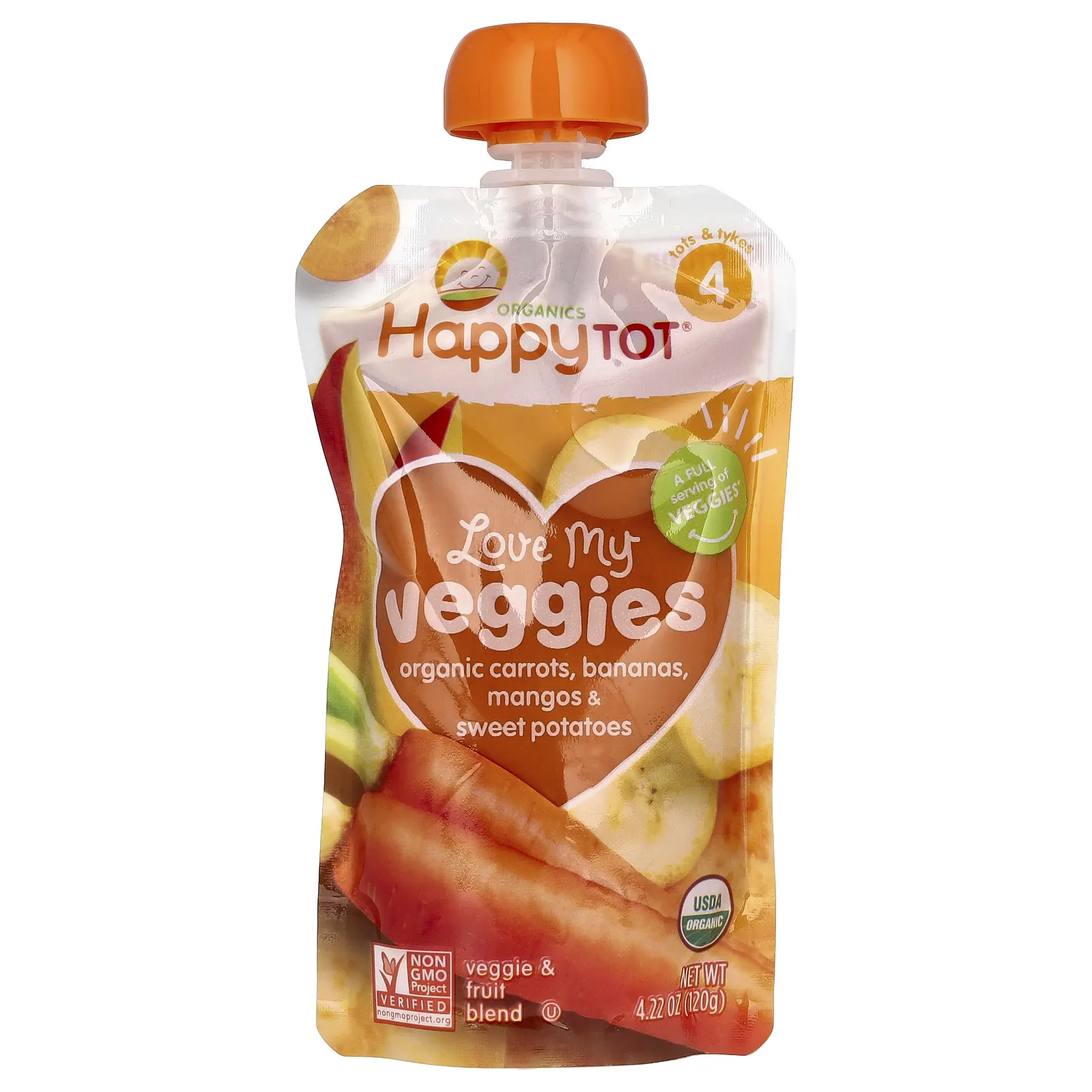 Happy Family Organics,  Обожаю свои овощи  из серии  Счастливый карапуз , органическая фруктово-овощная смесь c морковью, бананом, манго и бататом, 4 пакета по 4,22 унции (120 г)