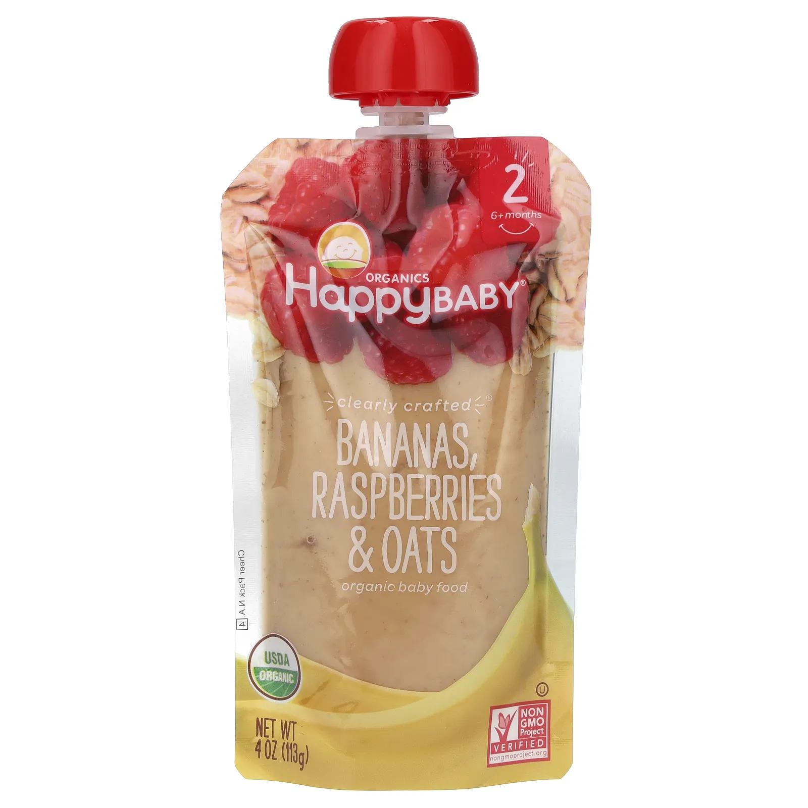 Happy Family Organics, Clearly Crafted, органическое детское питание, этап 2, для детей старше 6 месяцев, банан, малина и овсянка, 113 г (4 унции)