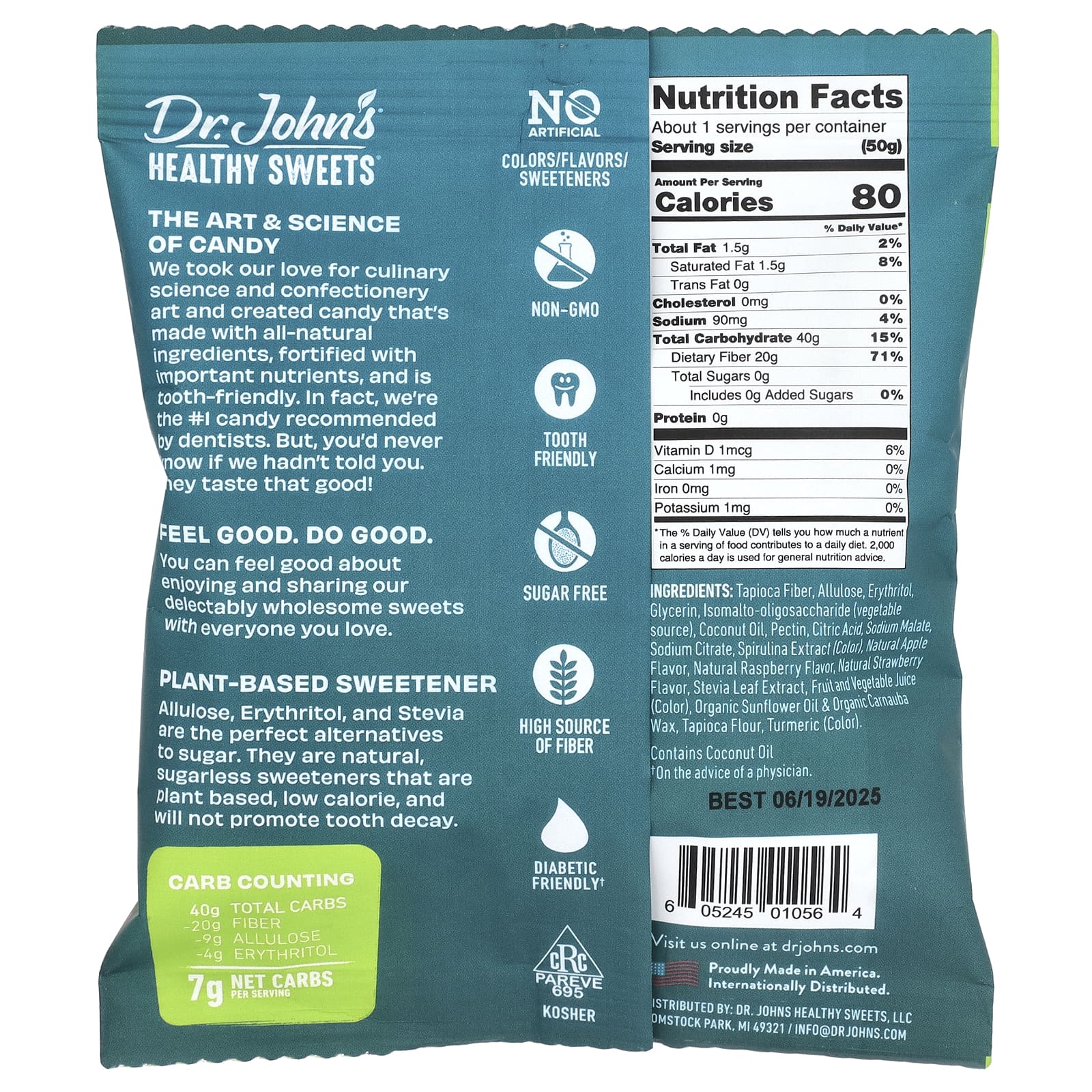 Dr. John's Healthy Sweets, Жевательные квадратики, без сахара, зеленое яблоко, голубая малина и клубника, 50 г (1,8 унции)