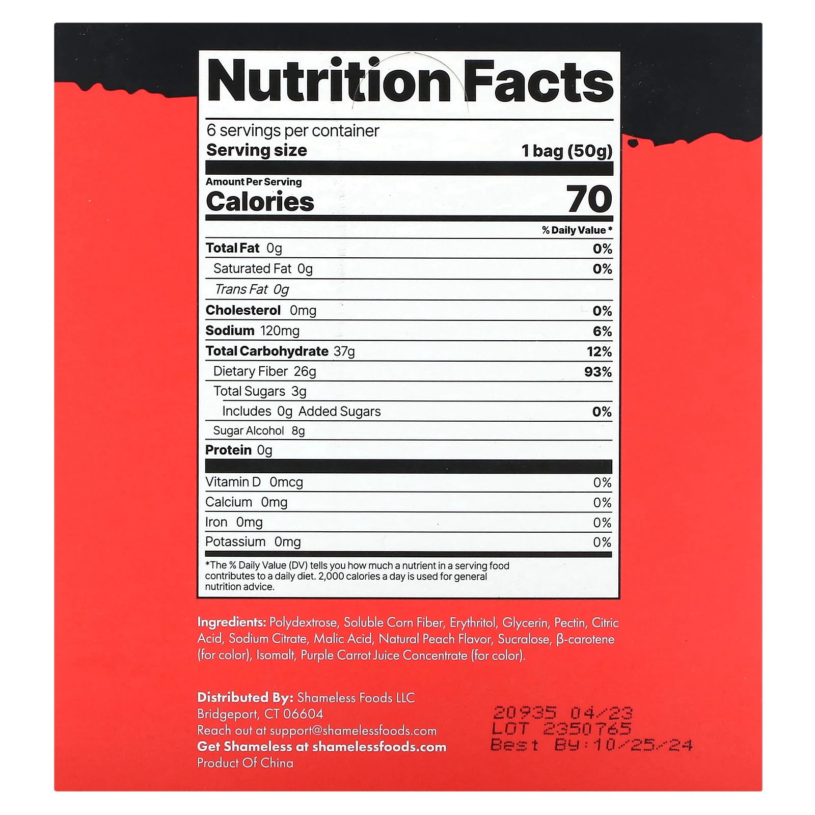 Shameless Snacks, жевательные конфеты, персик, 6 пакетиков по 50 г (1,8 унции)