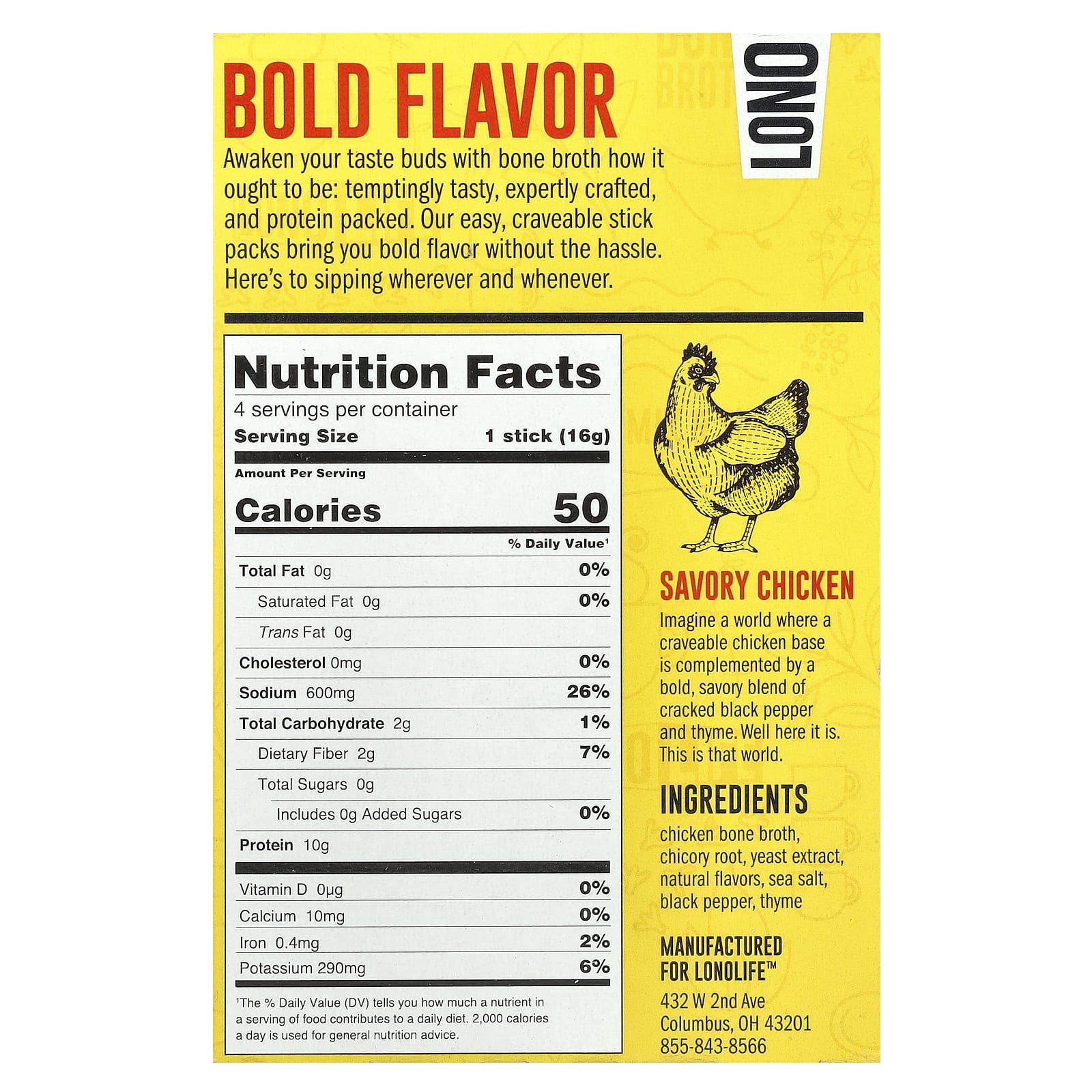 Lonolife, Бульон, куриная кость, палеодиета, 4 пакетика по 16 г (0,56 унции)