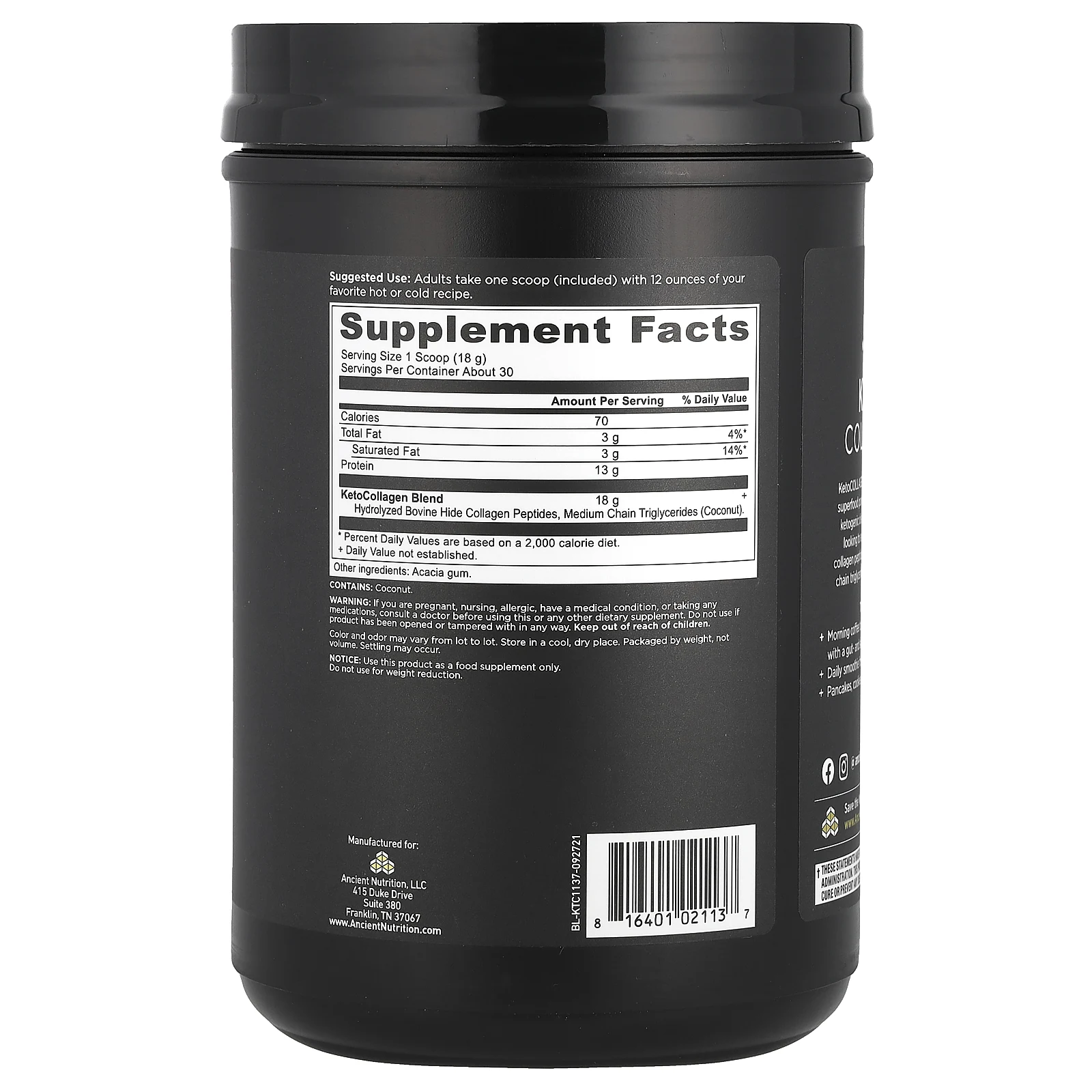 Ancient Nutrition, Keto Collagen, 540 г (1,19 фунта)