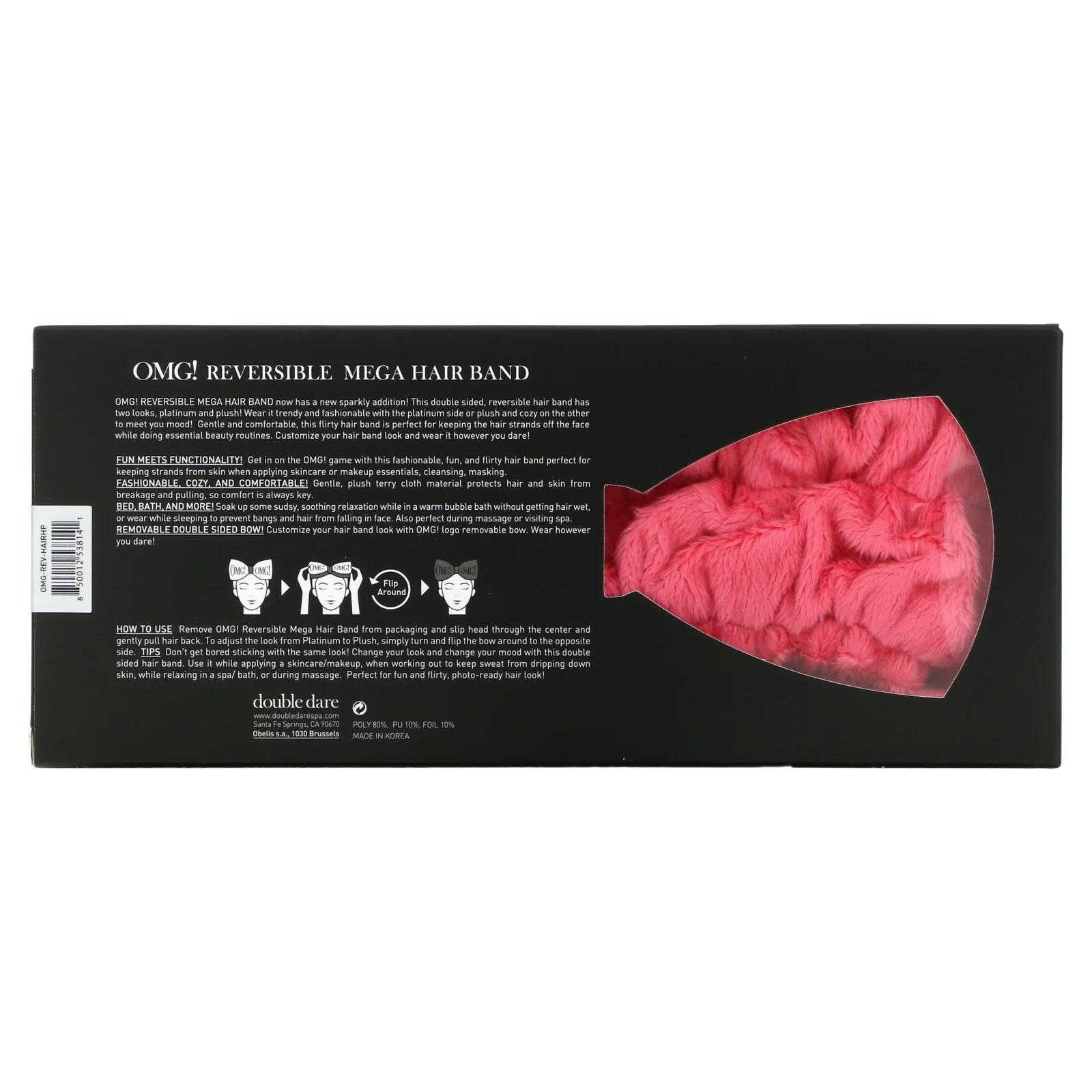 Double Dare, OMG! Двусторонняя мега-повязка для волос, ярко-розовый плюш и ярко-розовая платина, 1 шт.