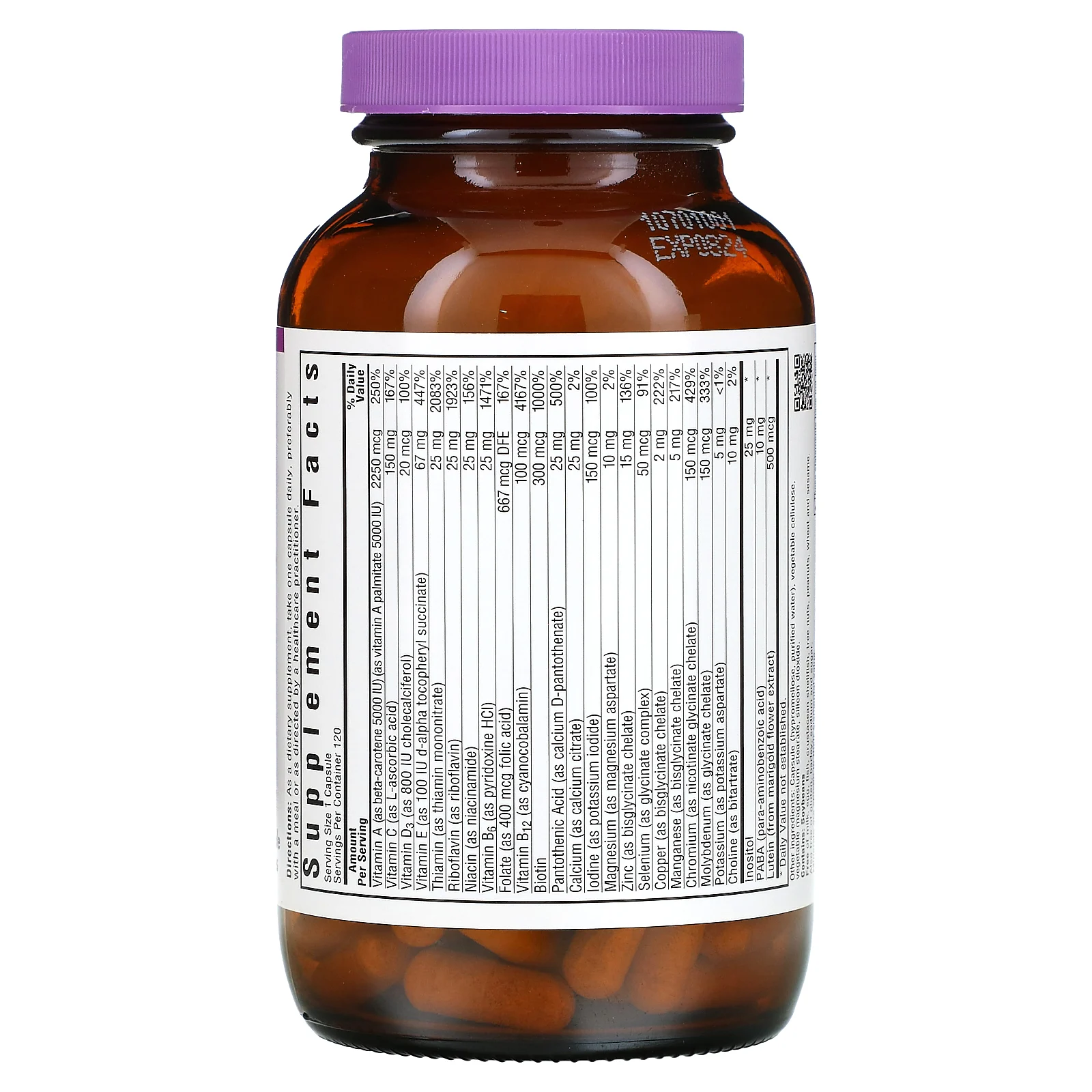 Bluebonnet Nutrition, MultiONE, мультивитаминная добавка для приема 1 раз в день, без железа, 120 растительных капсул