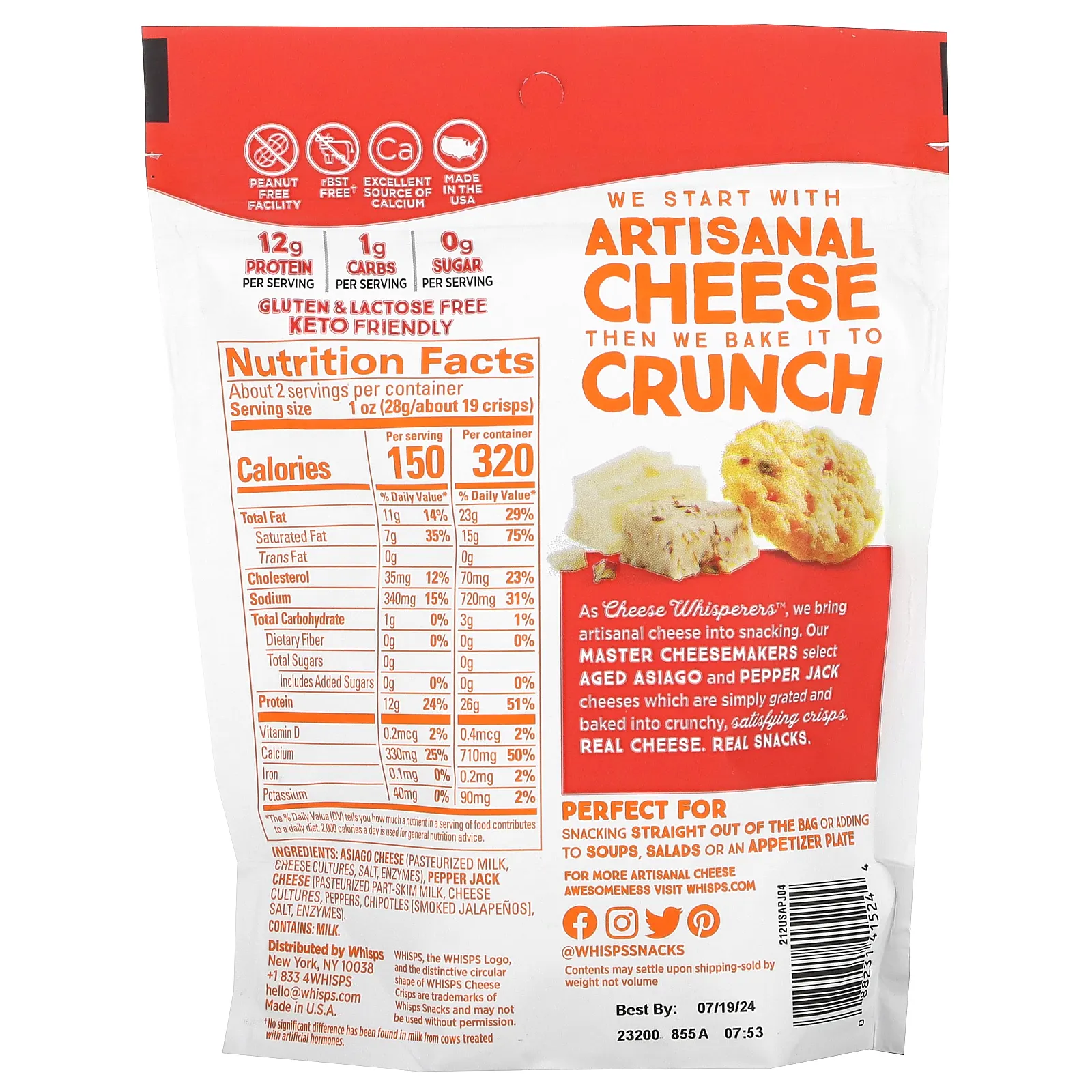 Whisps, Сырные чипсы Asiago & Pepper Jack, 60 г (2,12 унции)