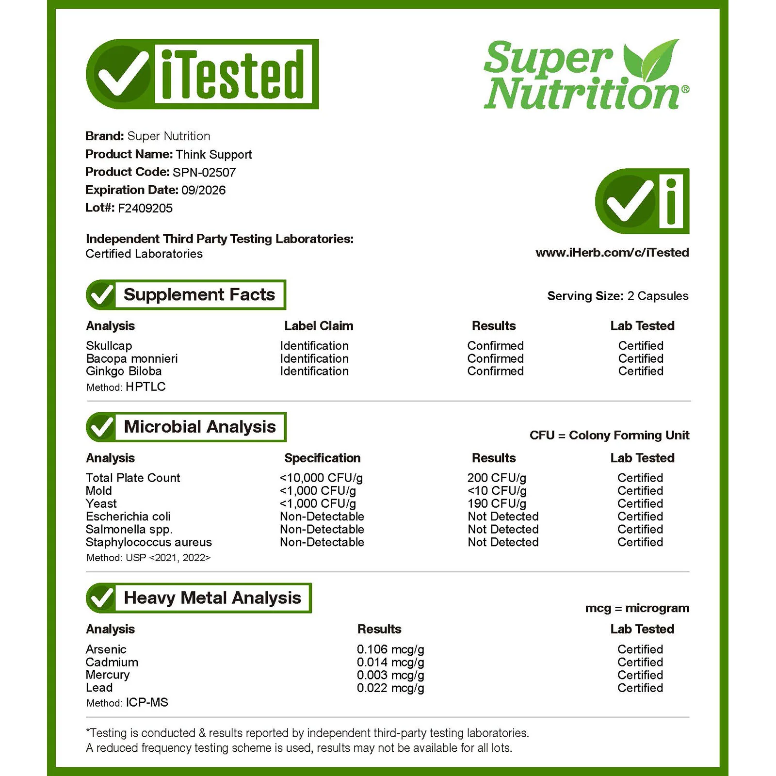 Super Nutrition, Think Support, с гинкго билоба, тюбетейкой, готу колой, бакопой и ферментами, 180 растительных капсул