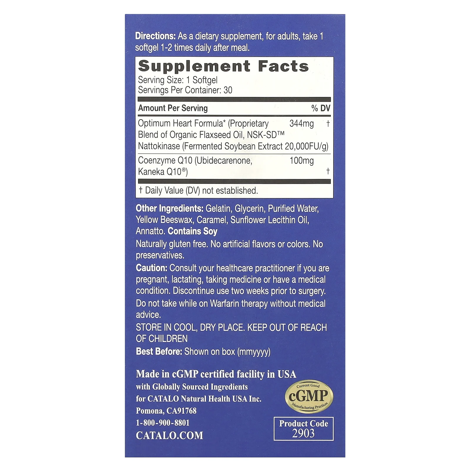 Catalo Naturals, Формула для сердца с экстрактом коэнзима Q10 с наттокиназой и льняным маслом, 30 мягких таблеток