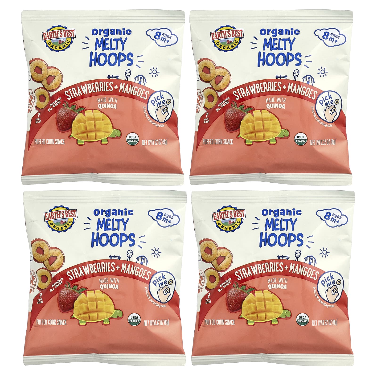 Earth's Best, органический Melty Hoops, кукурузный снек, для детей от 8 месяцев, клубника и манго, 4 порционных упаковки по 9 г (0,32 унции)