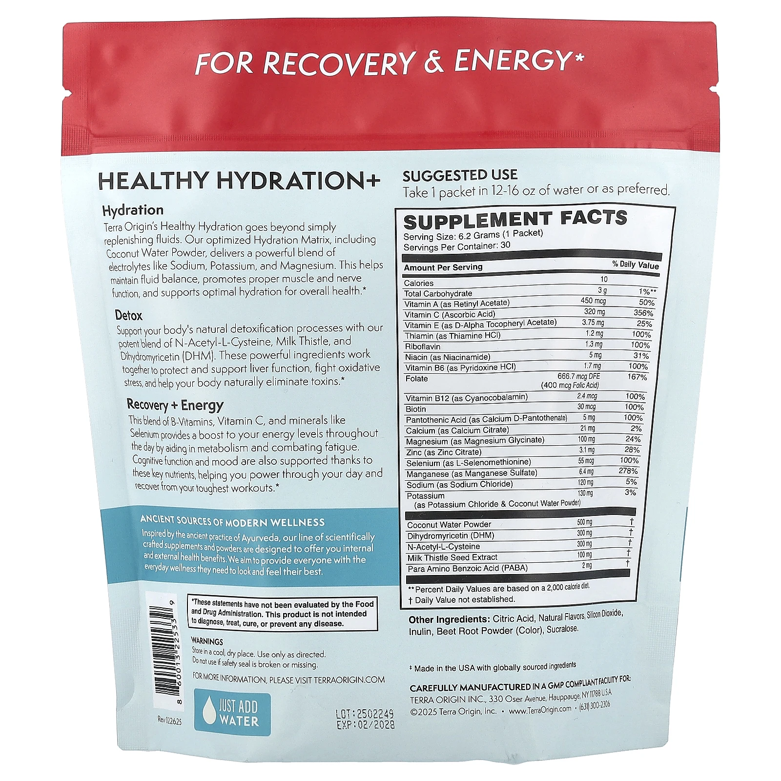 Terra Origin, Healthy Hydration+, клюквенный лаймад, 30 пакетиков On the Go, 6,2 г (0,22 унции) каждый