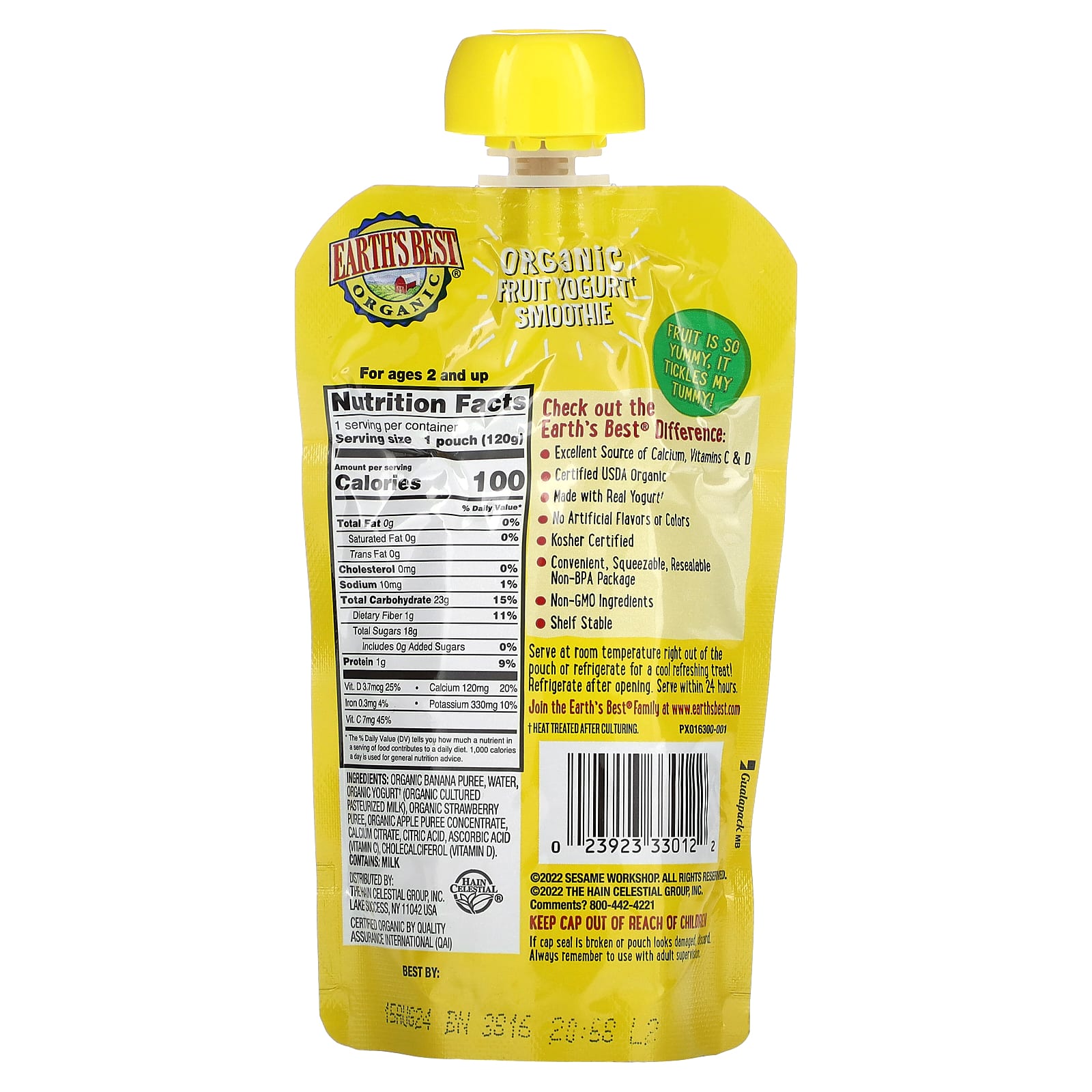 Earth's Best, Улица Сезам, смузи из органических фруктов и йогурта, для детей от 2 лет, клубника и банан, 120 г (4,2 унции)