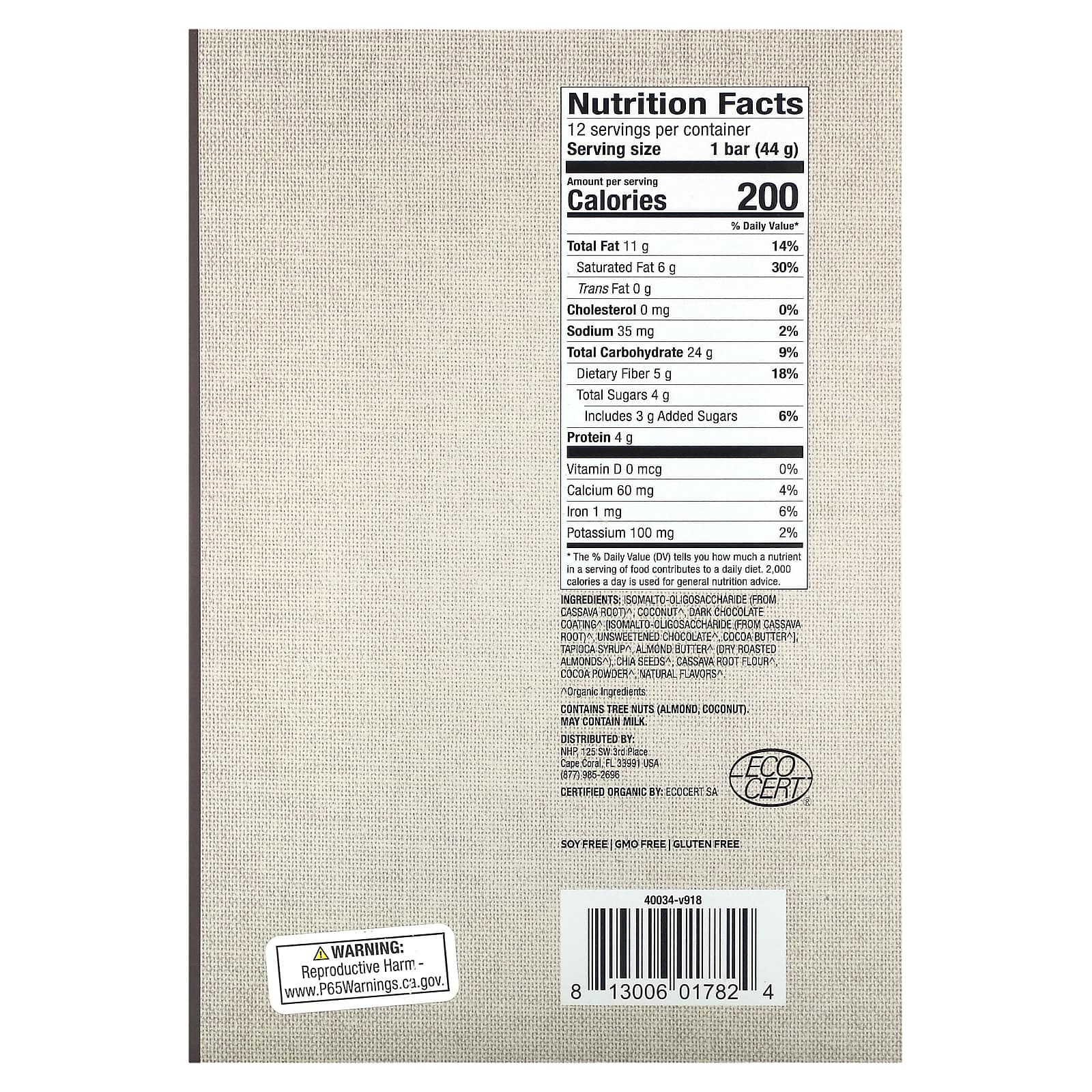 Dr. Mercola, органическая кассава с какао, с семенами кокоса и чиа, 12 батончиков по 44 г (1,55 унции)