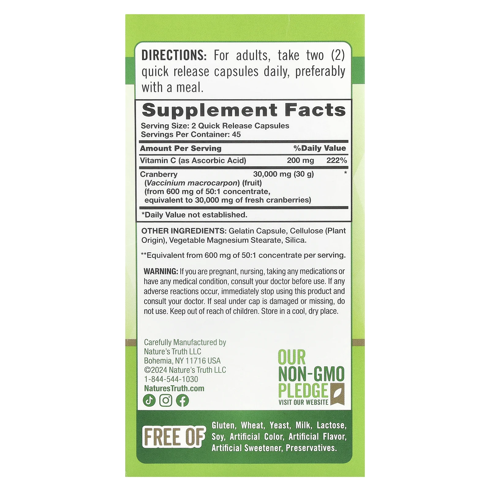 Nature's Truth, концентрат клюквы тройной силы и витамина C, 30 000 мг, 90 капсул с быстрым высвобождением (15 000 мг в 1 капсуле)