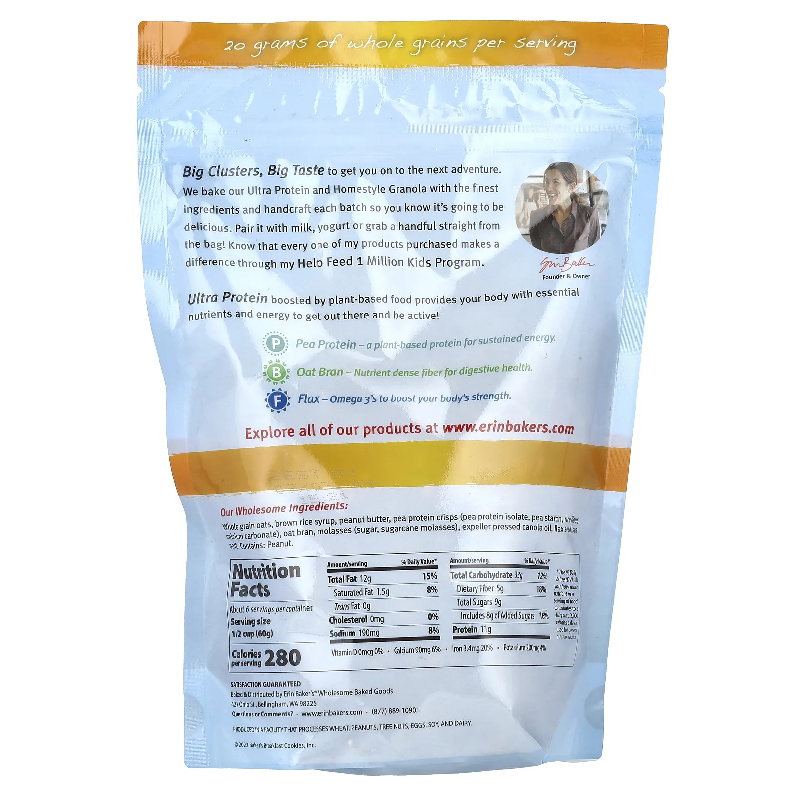 Erin Baker's, Ultra Protein Granola с гороховым протеином, арахисовая паста, 340 г (12 унций)