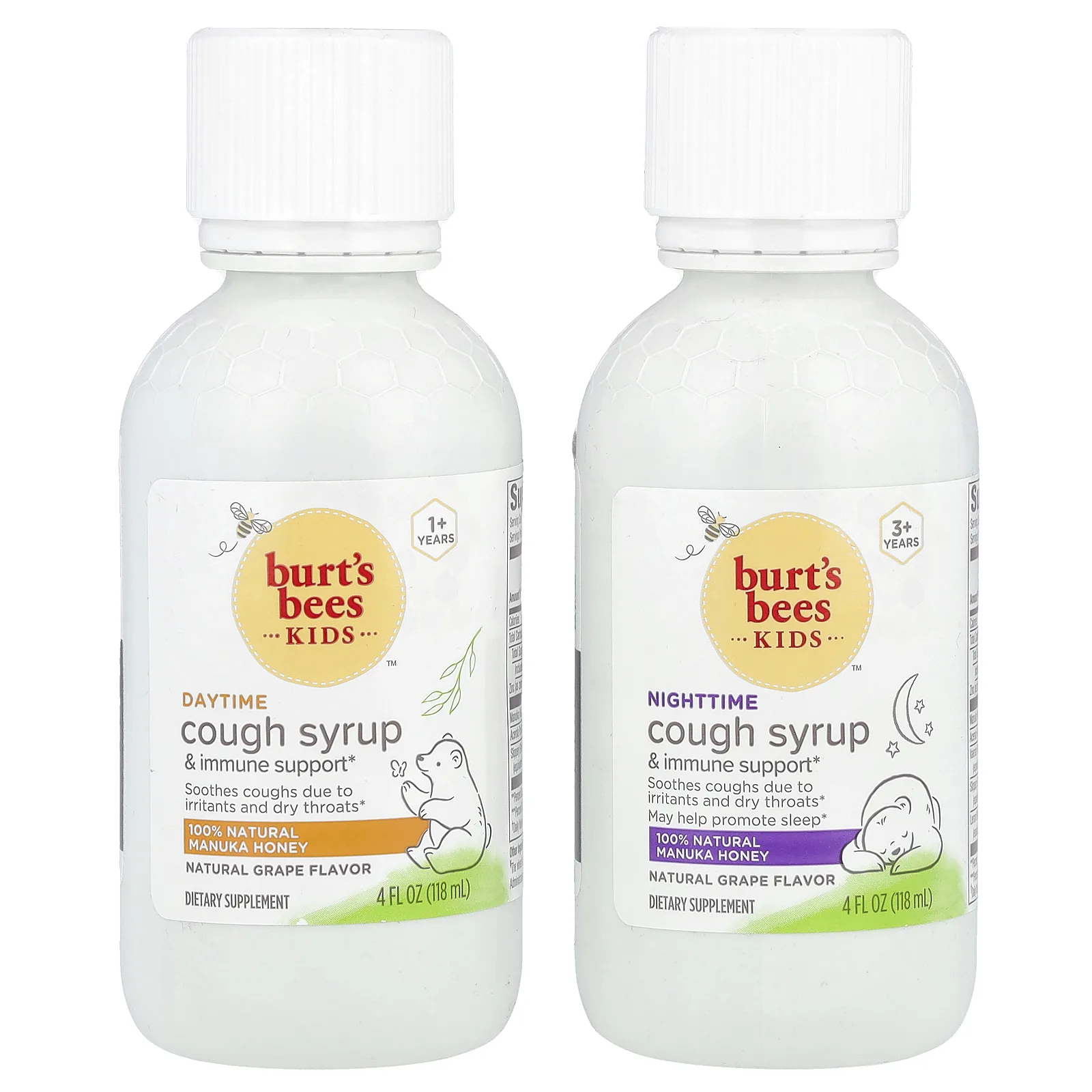 Burt's Bees, Kids, Сироп от кашля днем / ночью и поддержка иммунитета, комбинированная упаковка, натуральный виноград, 2 упаковки, 4 жидких унции (118 мл) каждая