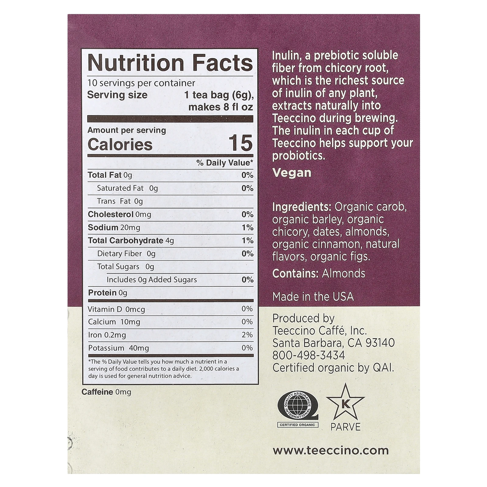 Teeccino, Жареный травяной чай, Snickerdoodle, без кофеина, 10 чайных пакетиков, 60 г (2,12 унции)