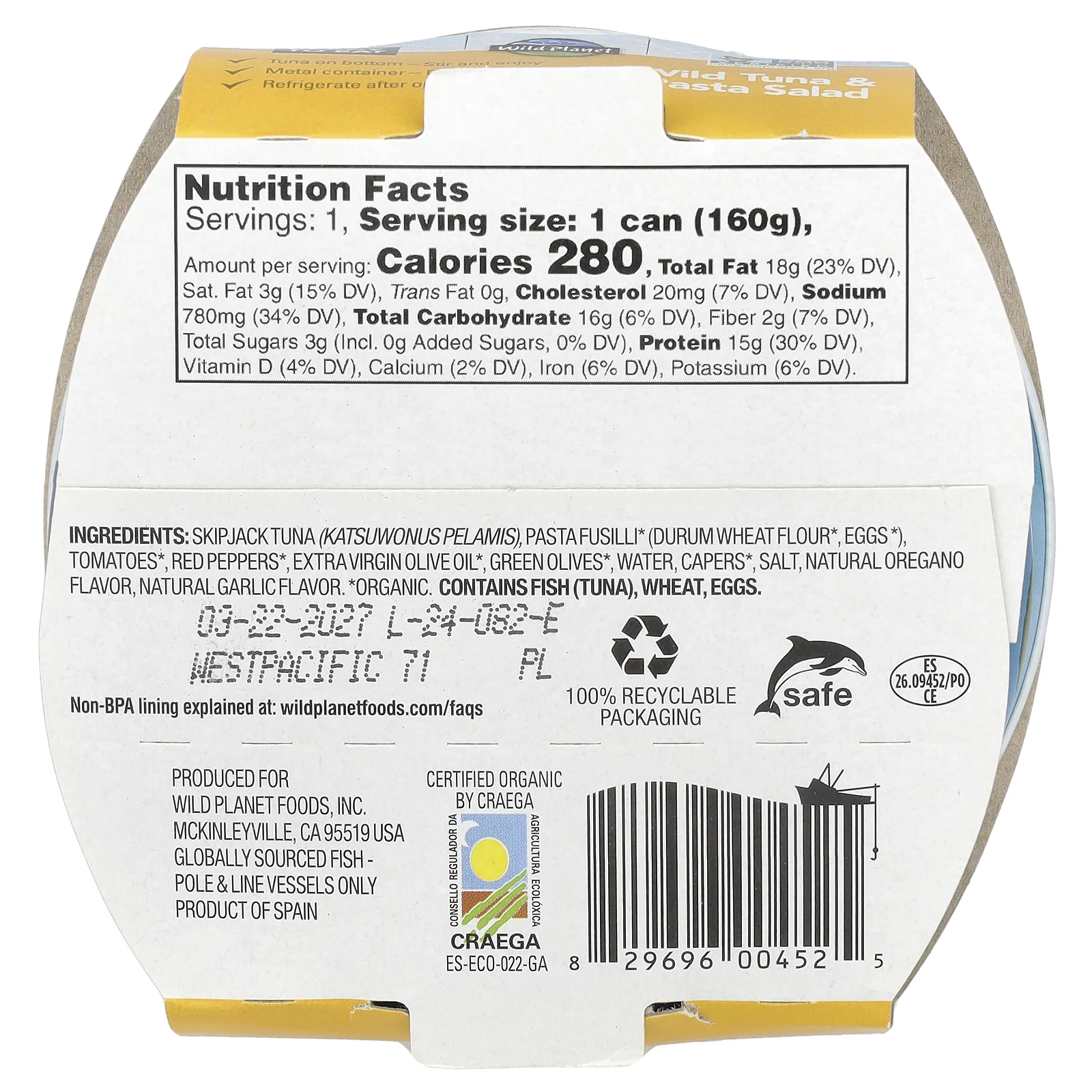 Wild Planet, Салат из пасты с диким тунцом, 160 г (5,6 унции)