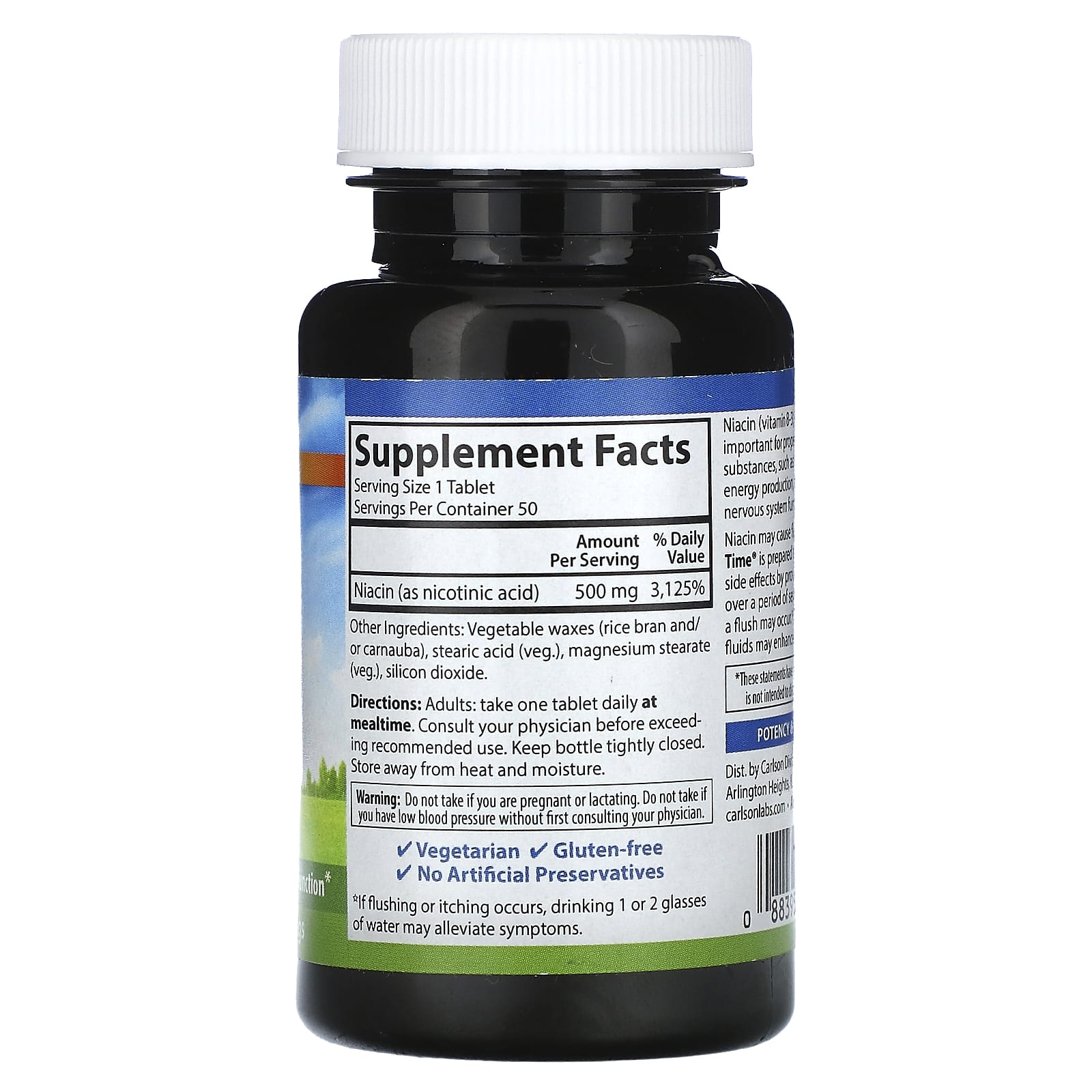 Carlson, Ниацин-тайм, 500 мг, 50 вегетарианских таблеток