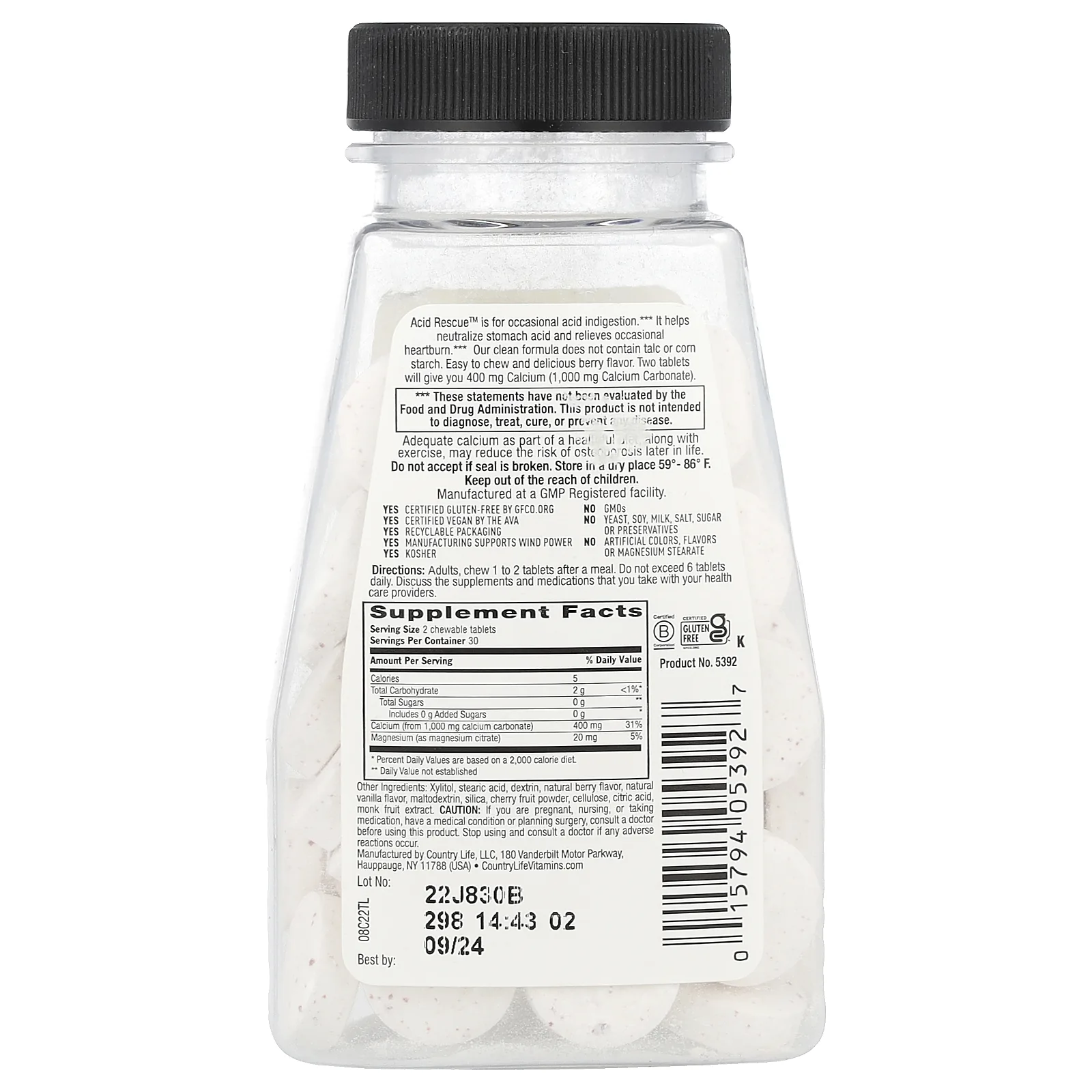 Country Life, Acid Rescue, карбонат кальция, ягоды, 1000 мг, 60 жевательных таблеток (500 мг на таблетку)