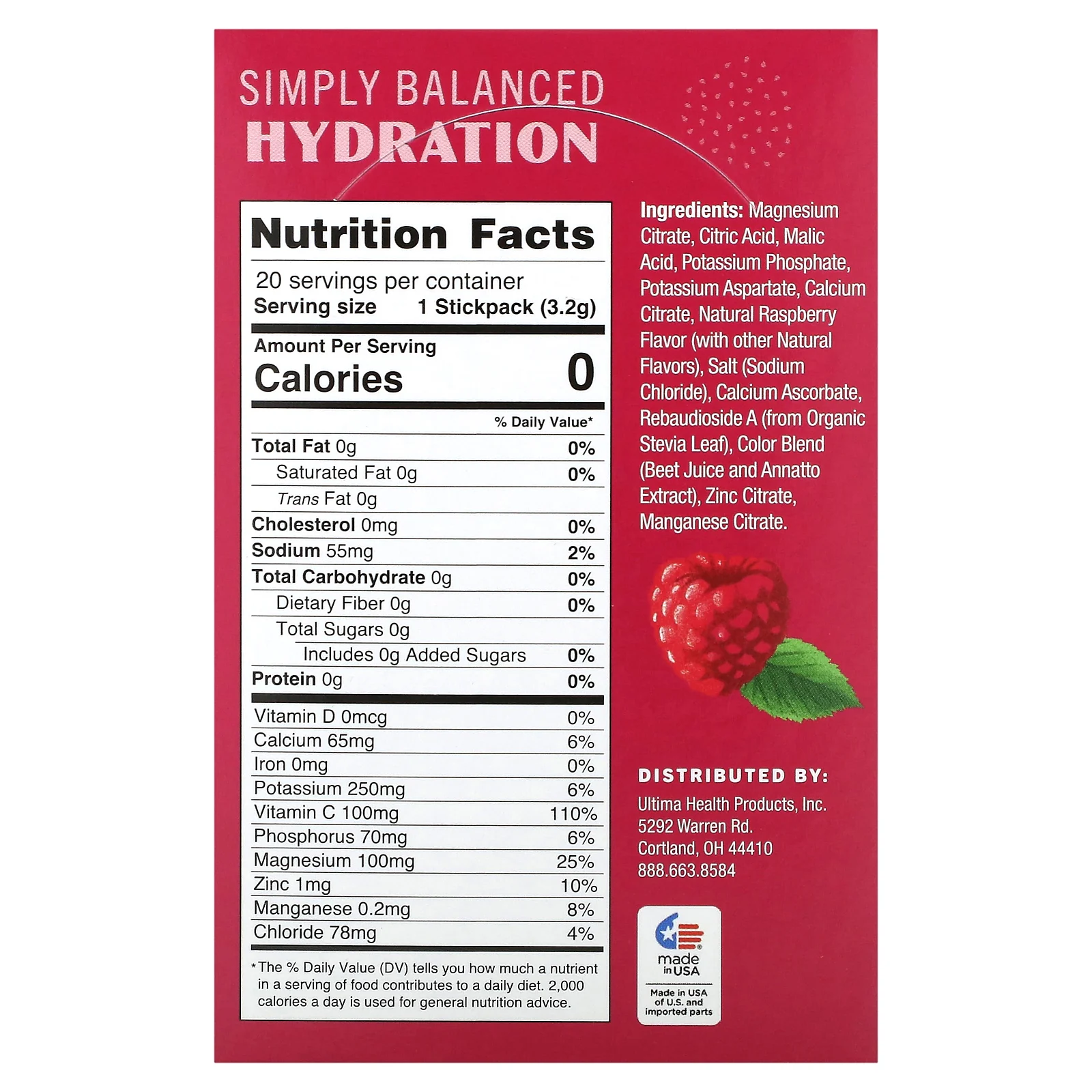 Ultima Replenisher, Смесь электролитов, малина, 20 пакетиков по 3,2 г (0,11 унции)