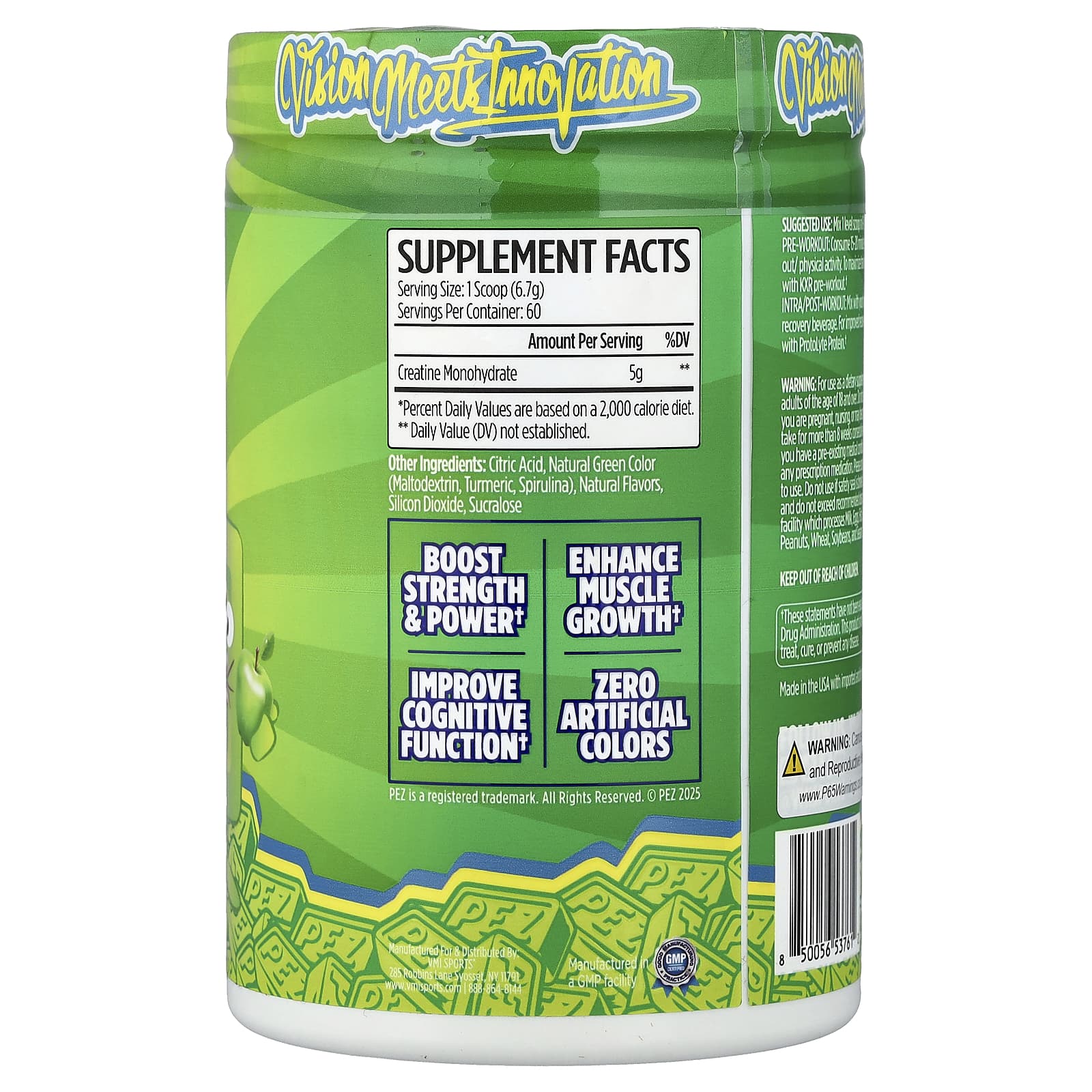 VMI Sports, моногидрат креатина, Pez®, кислое зеленое яблоко, 402 г (14,18 унции)