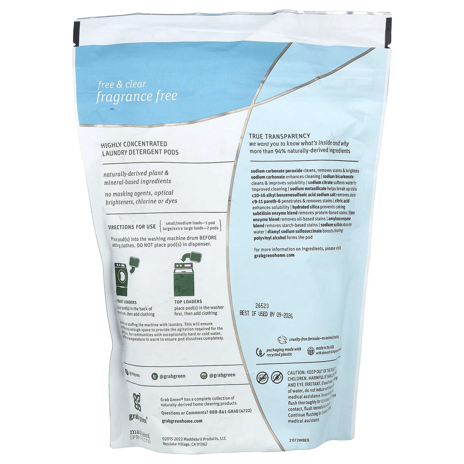 Grab Green, капсулы со стиральным порошком «3 в 1», без запаха, 24 загрузки, 384 г (13,5 унции)