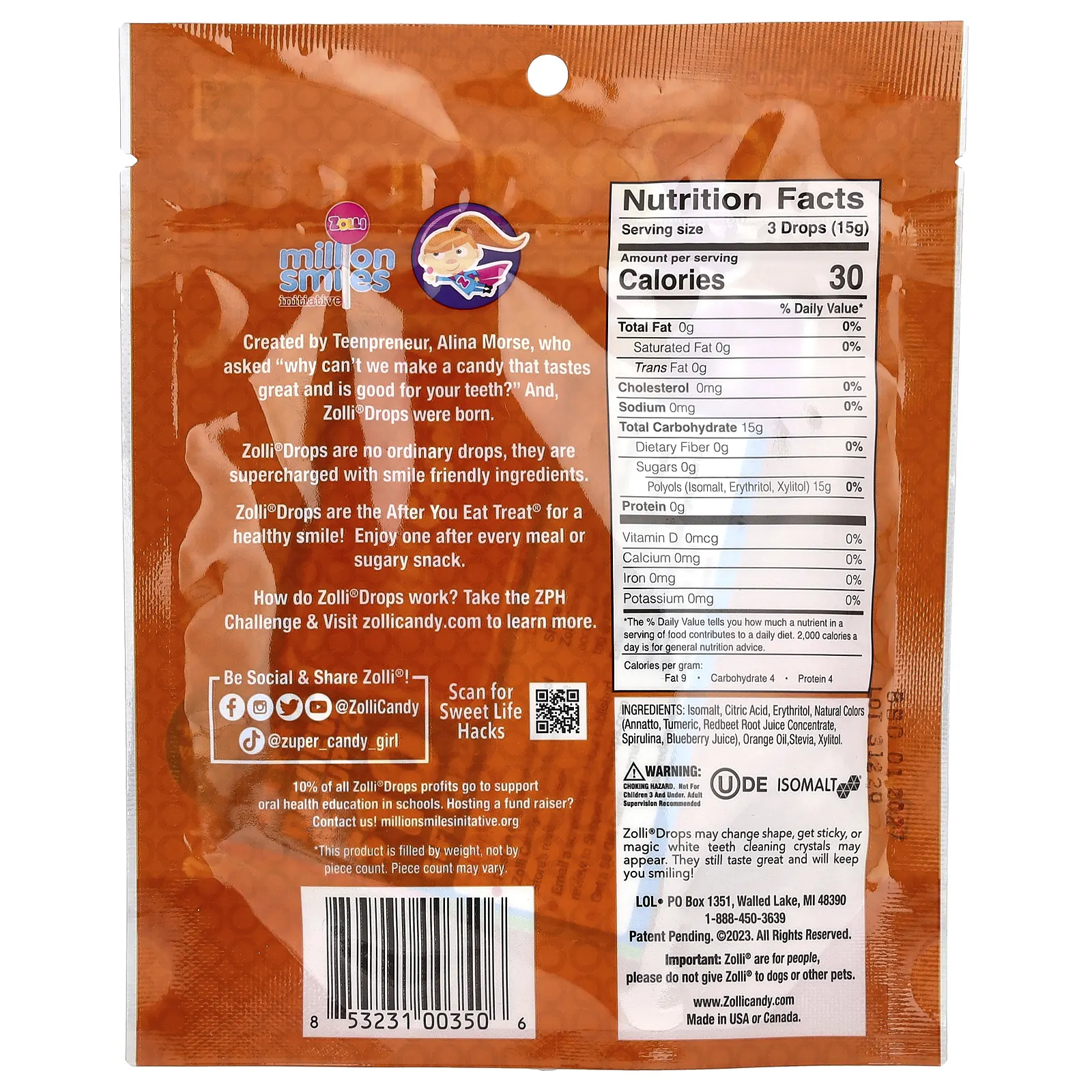 Zollipops, Zolli Drops, леденцы для чистки зубов, со вкусом фруктов, 15+ леденцов Zolli, 45 г (1,6 унции)