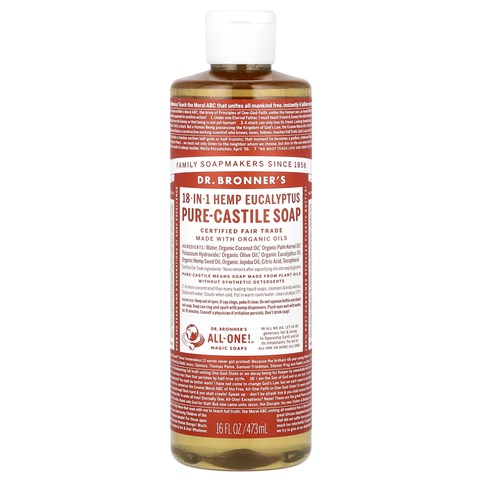 Dr. Bronner's, Чистое кастильское мыло из конопли 18-в-1, эвкалипт, 16 жидких унций (473 мл)