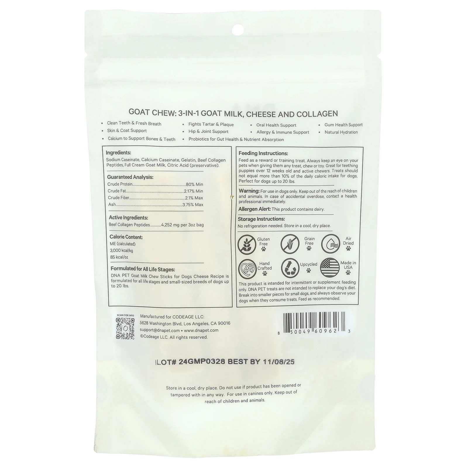 Codeage, DNA Pet, жевательные палочки с козьим молоком, для собак, маленькие, 3 шт., 85 г (3 унции)