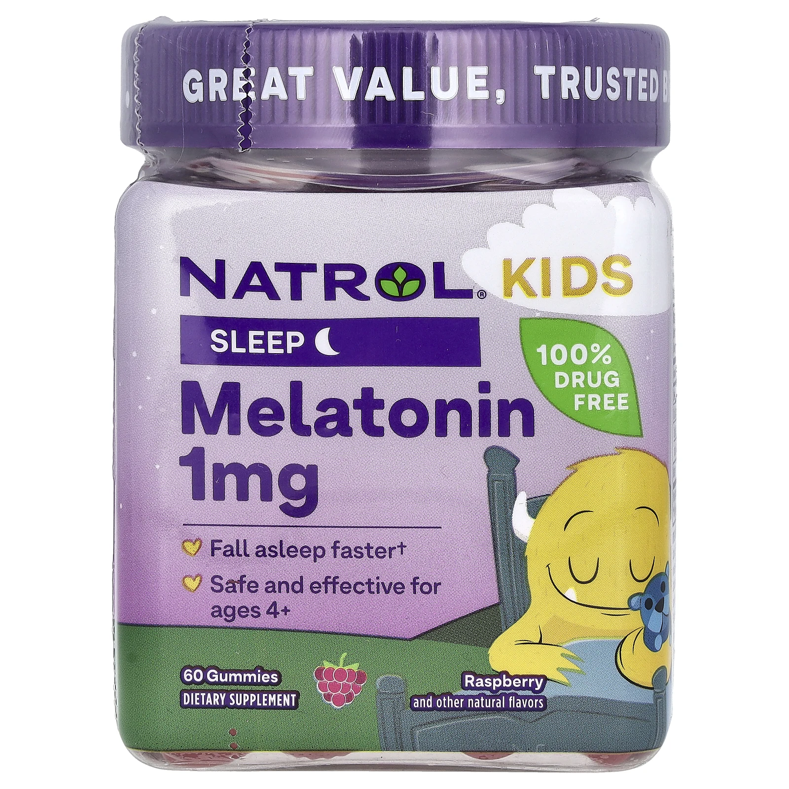 Natrol, Kids, мелатонин, для детей от 4 лет, ягодный вкус, 60 жевательных конфет