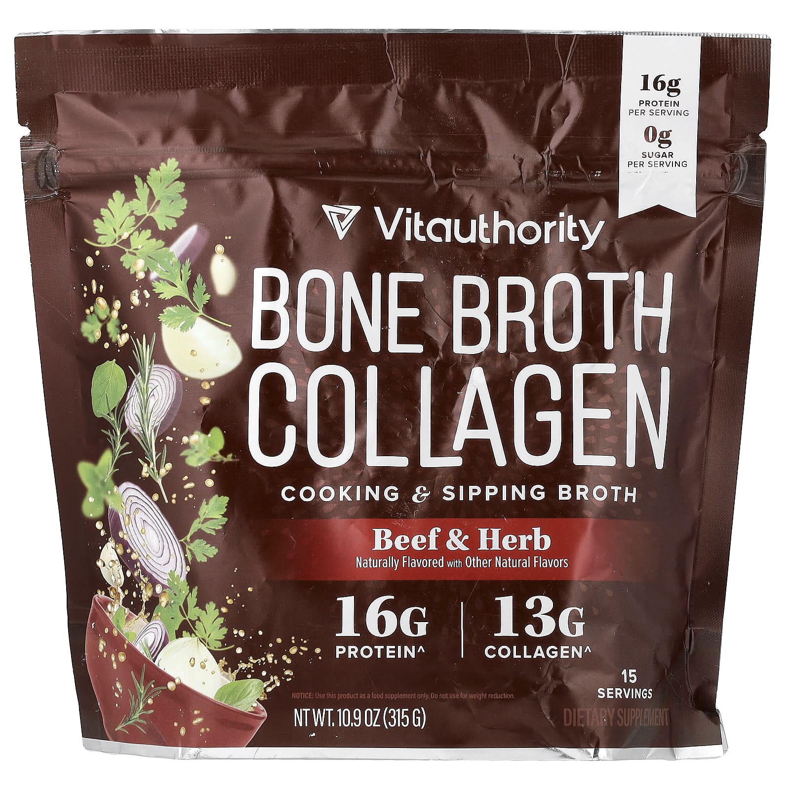 Vitauthority, Bone Broth Collagen, коллаген для приготовления блюд и питья, говядина и травы, 315 г (10,9 унции)
