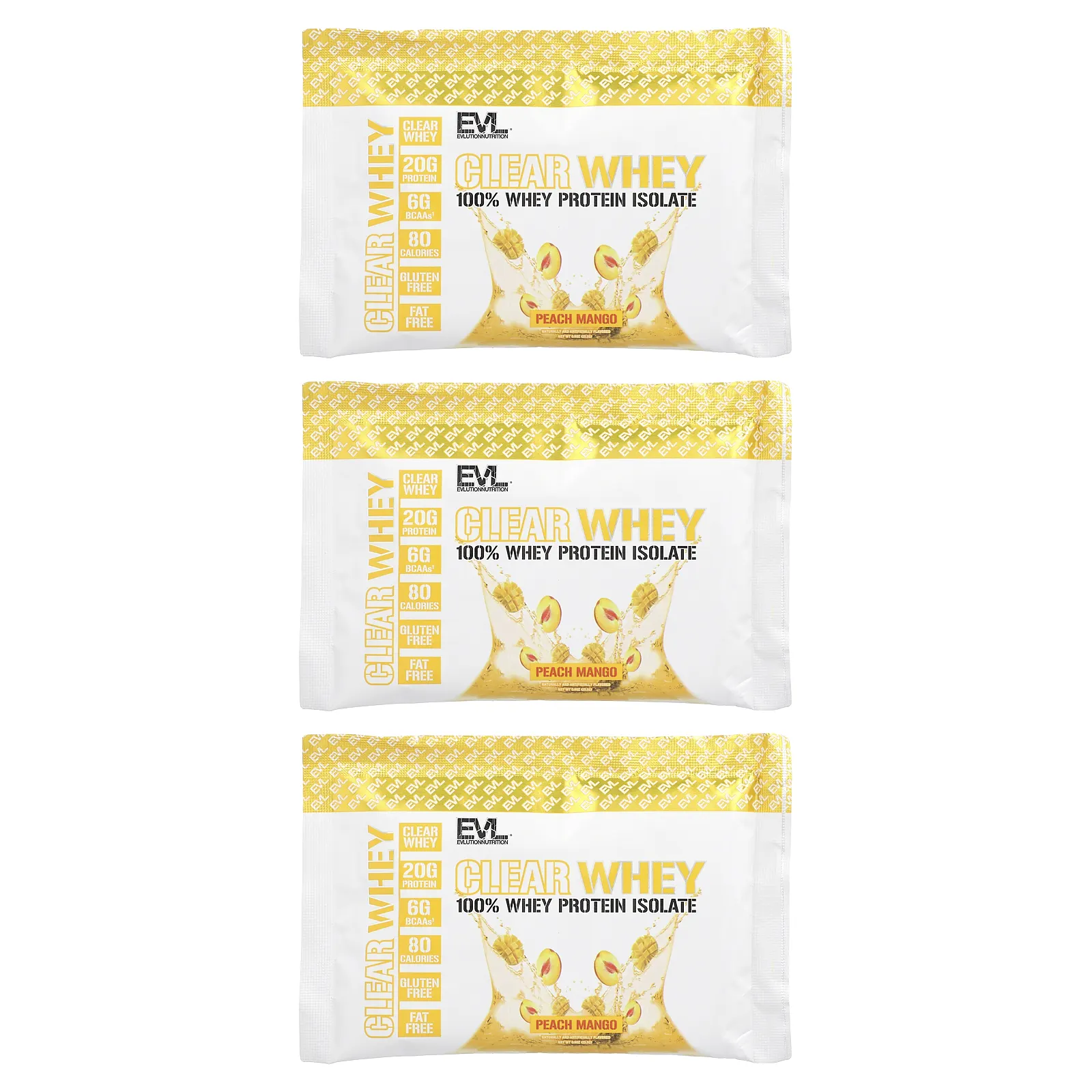 EVLution Nutrition, Clear Whey, 100% изолят сывороточного протеина, персик и манго, 3 штуки, 25,5 г (0,9 унции)