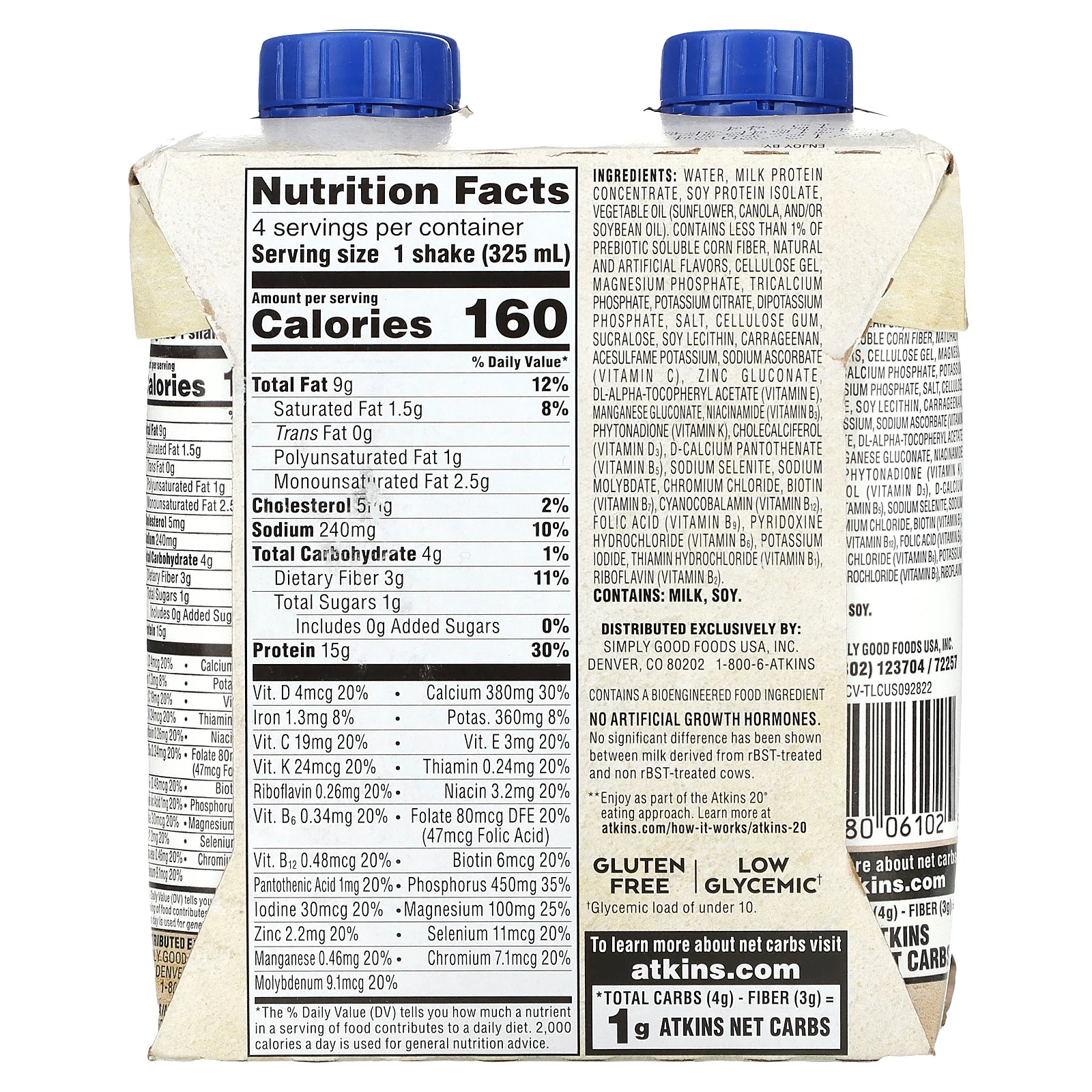 Atkins, Насыщенный протеином коктейль, кремовая ваниль, 4 коктейля, по 325 мл (11 жидк. Унций)