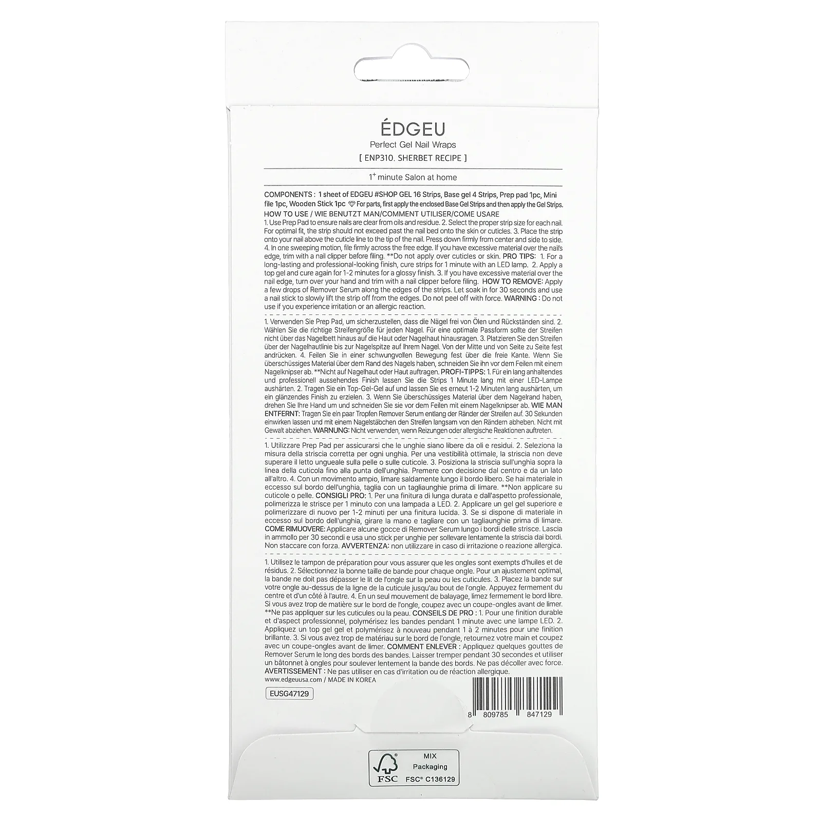 Edgeu, Гелевые обертывания для ногтей Perfect, ENP310, Sherbert Recipe, набор из 16 полосок