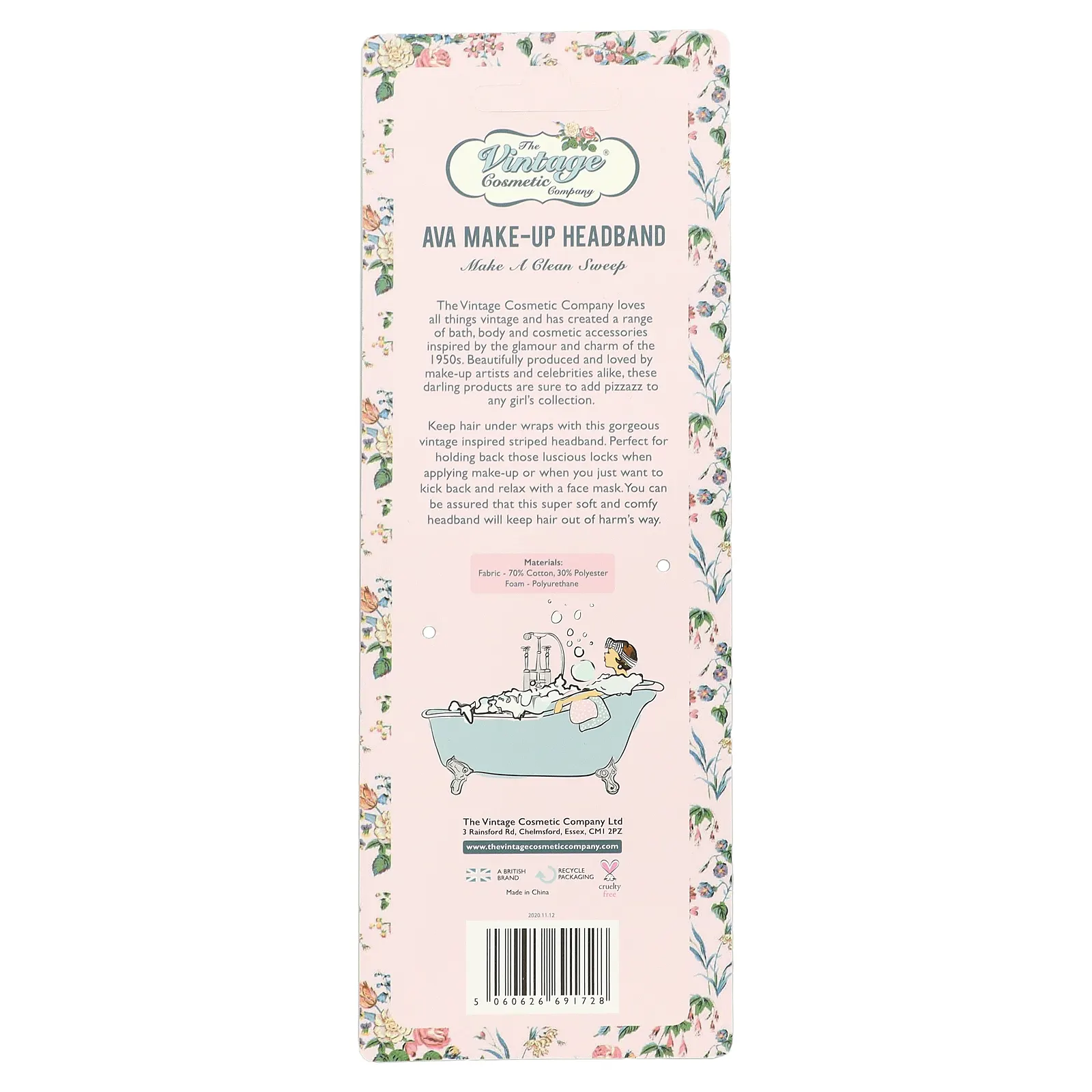 The Vintage Cosmetic Company, Повязка на голову Ava Make-Up, черная / белая, 1 шт.