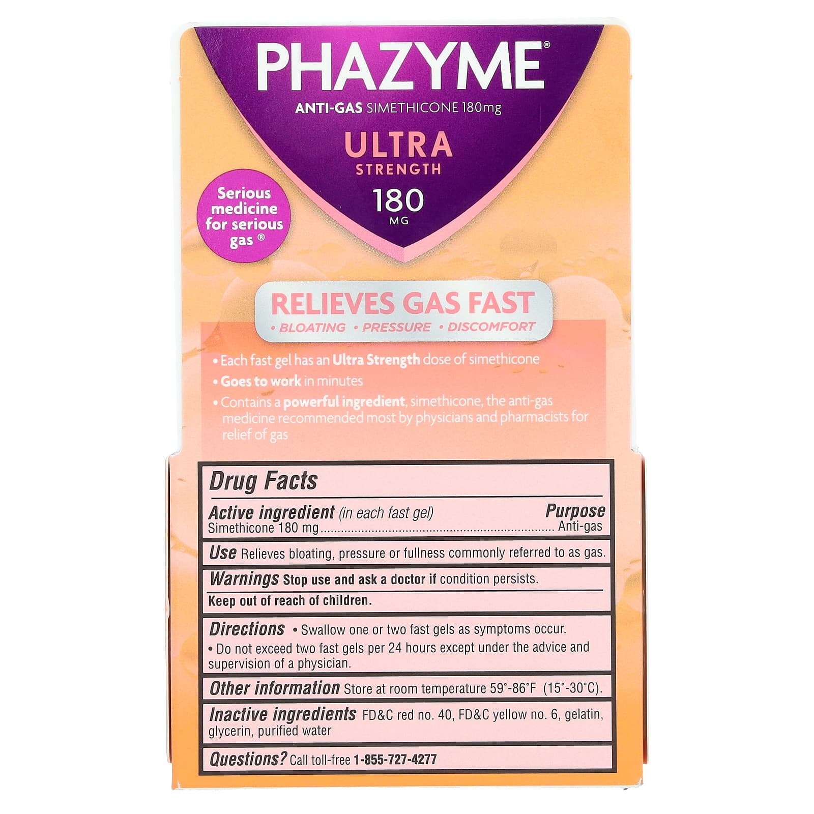 Phazyme, симетикон, против газообразования, с повышенной силой действия, 180 мг, 48 быстрорастворимых капсул