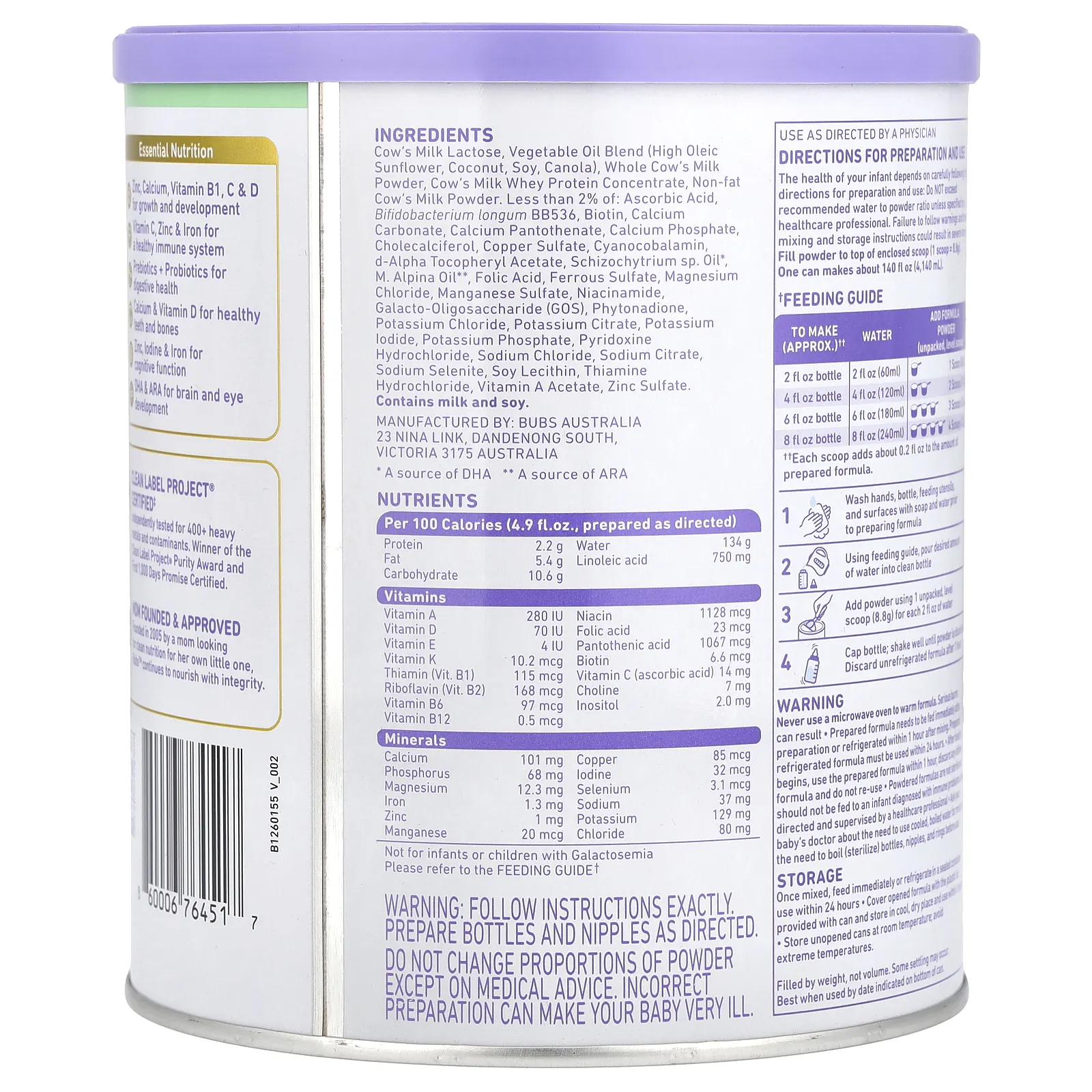 Aussie Bubs, 365 Day Grass Fed, смесь для младенцев с сухим коровьим молоком, для детей от 0 до 12 месяцев, 567 г (20 унций)