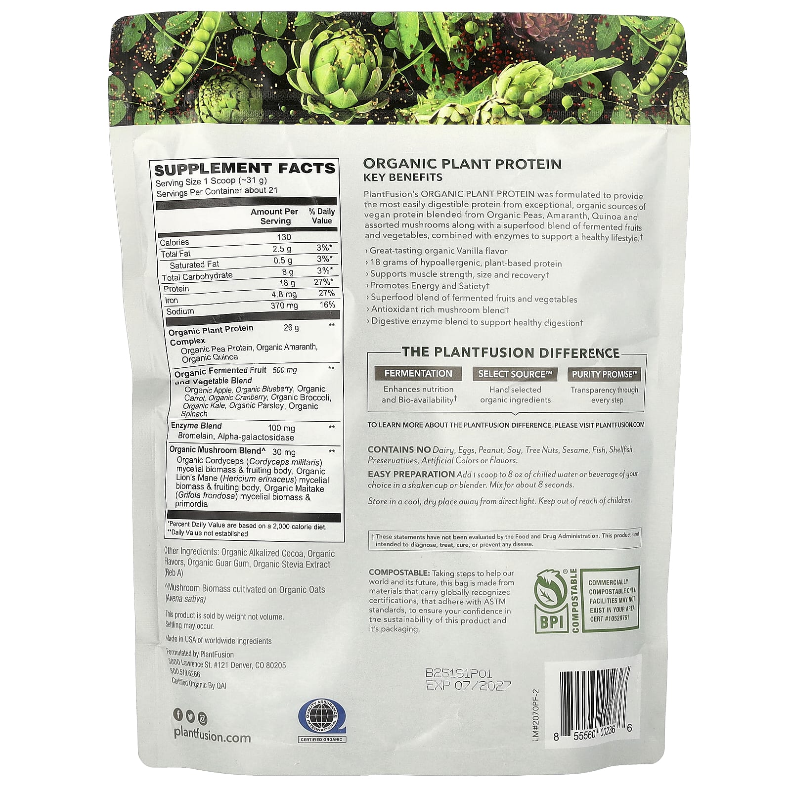 PlantFusion, органический растительный протеин, со вкусом шоколада, 647,8 г (22,85 унции)