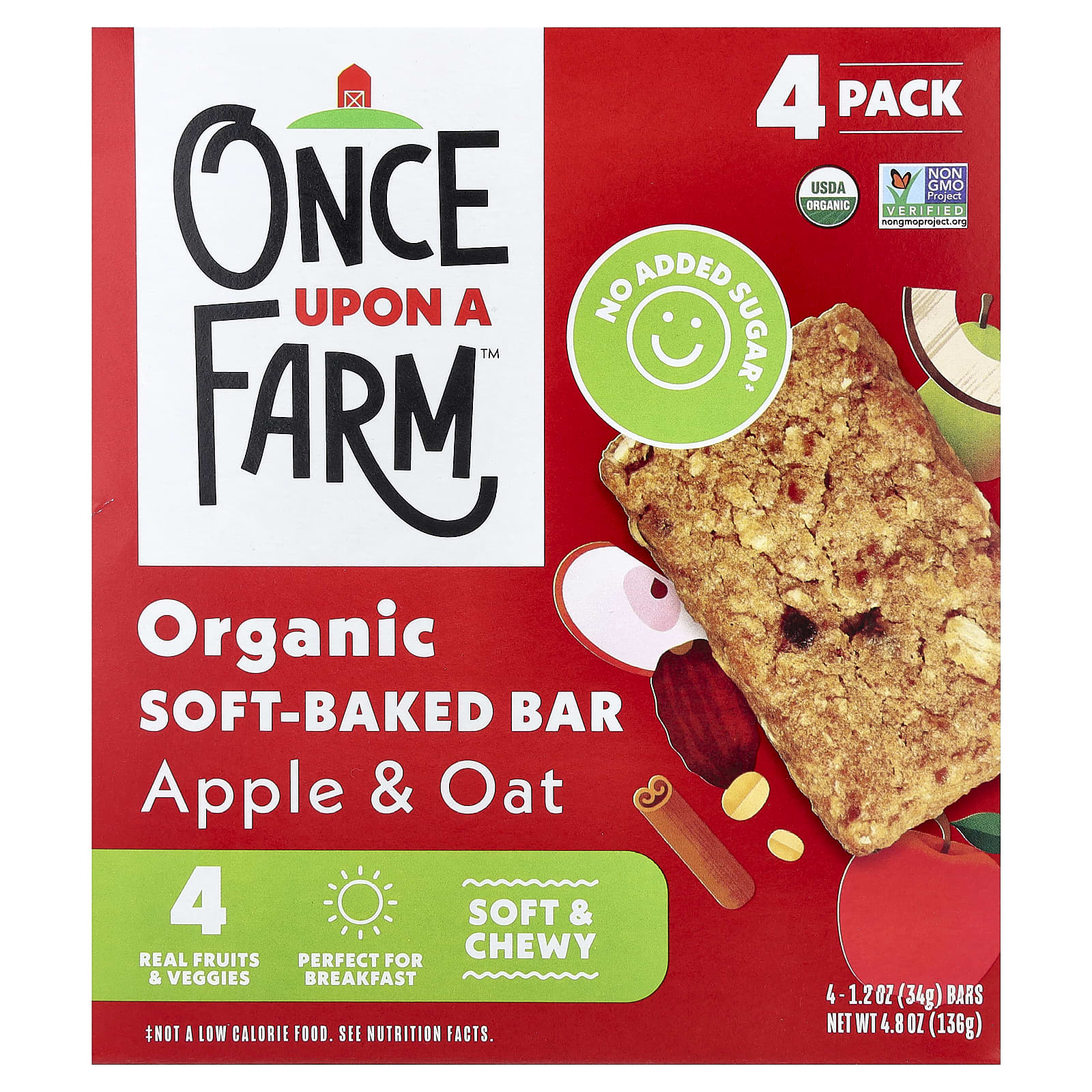 Once Upon A Farm, Органический мягкий батончик, с яблоком и овсом, 4 батончика по 34 г (1,2 унции)