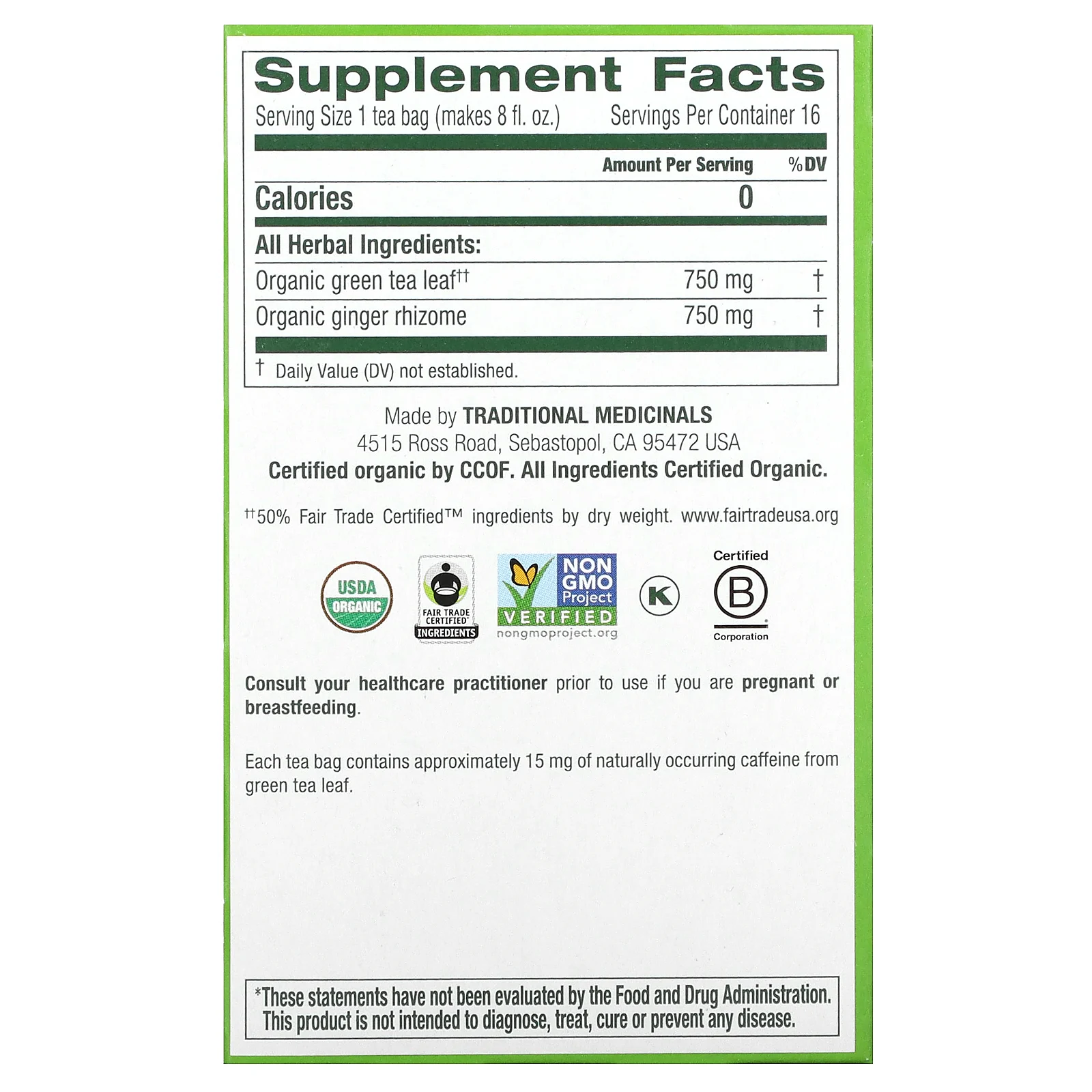 Traditional Medicinals, органический зеленый чай, имбирь, 16 чайных пакетиков в упаковке, 24 г (0,85 унции)