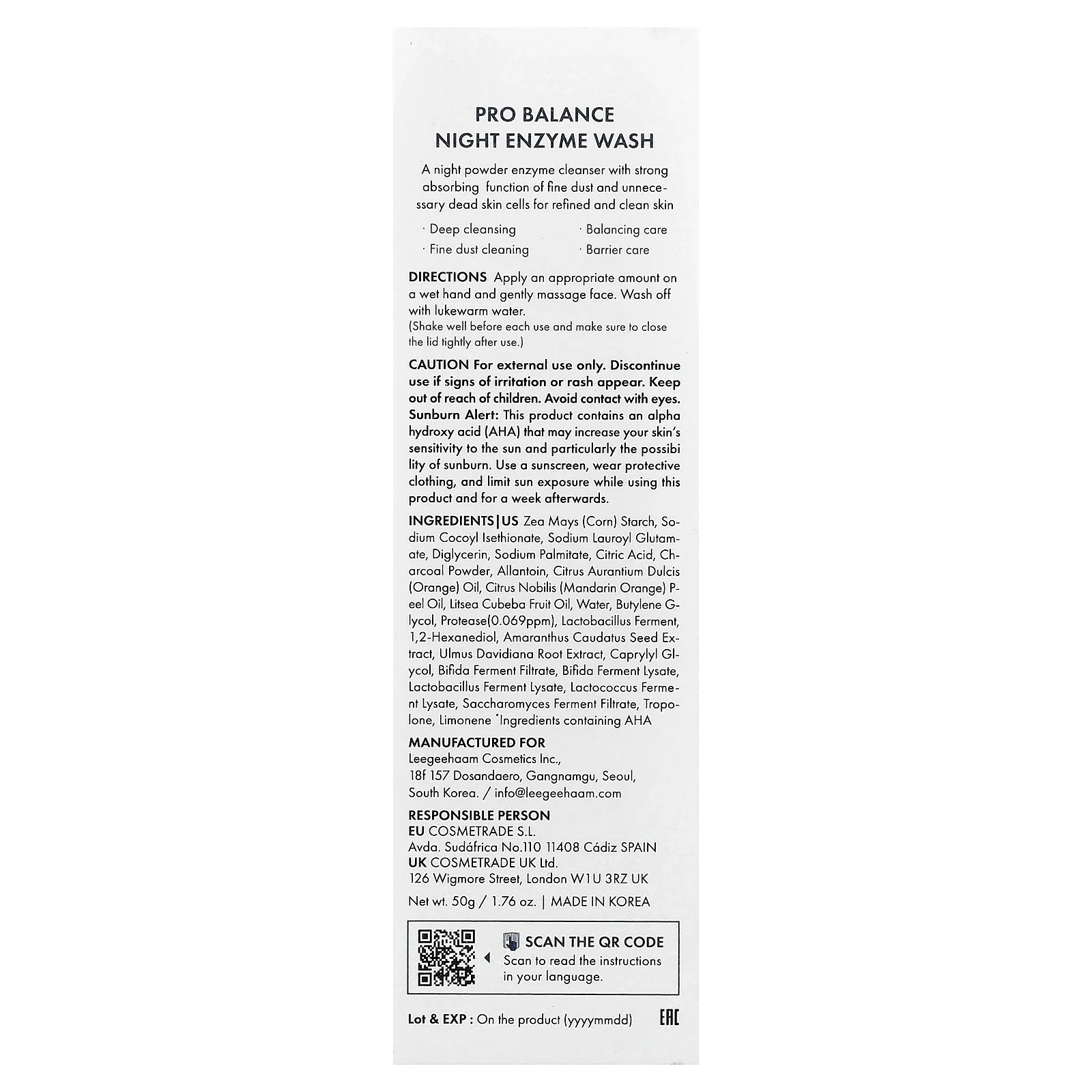 Dr. Ceuracle, Pro Balance Night Enzyme Wash, 50 г (1,76 унции)