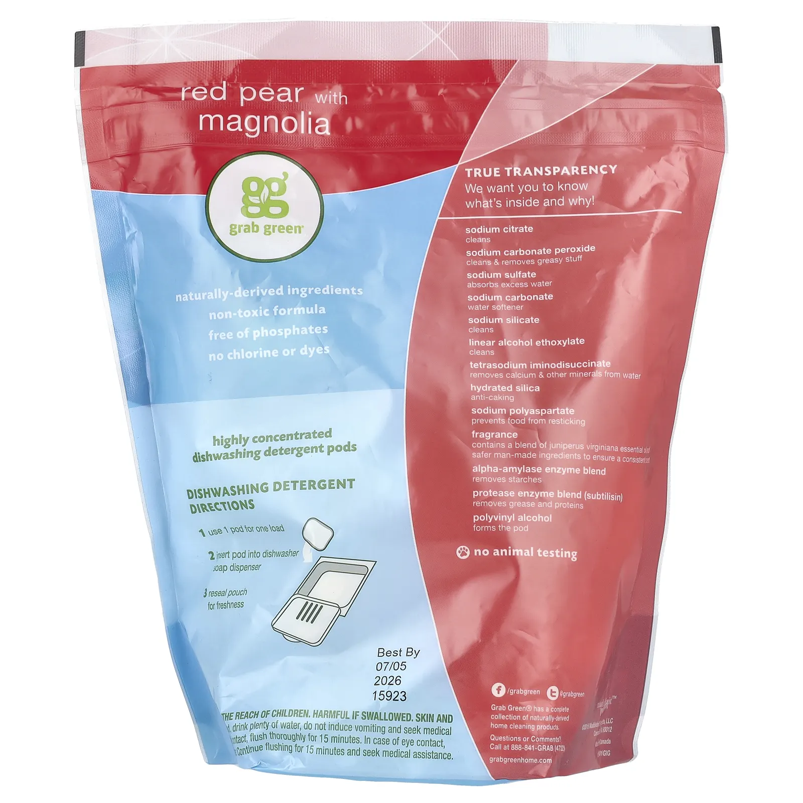 Grab Green, Капсулы со средством для автоматического мытья посуды, красная груша с магнолией, 60 порций, 1080 г (2 фунта 4 унции)