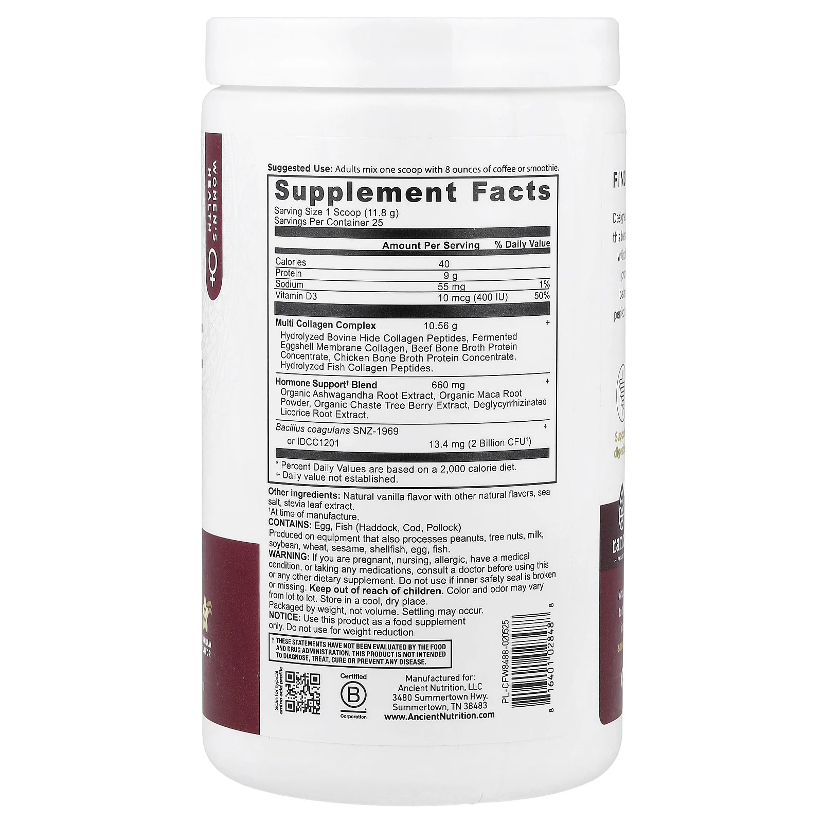 Ancient Nutrition, Hormone Balance + коллаген, с ванильным вкусом, 293,9 г (10,4 унции)