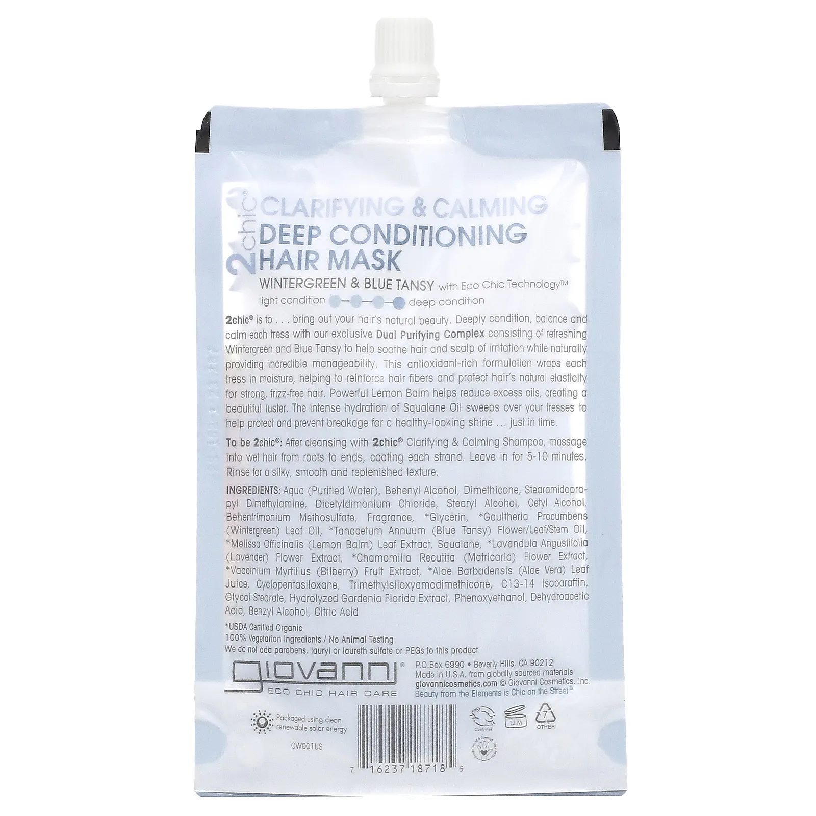 Giovanni, 2chic, очищающая и успокаивающая маска для интенсивного ухода, для сухих, нормальных или жирных волос, грушанка и голубая пижма, 1 пакетик, 51,75 мл (1,75 жидк. унции)