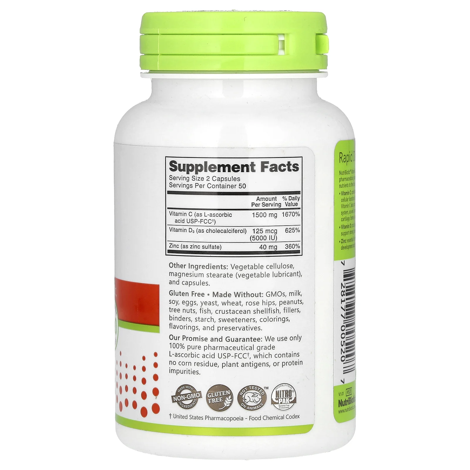 NutriBiotic, Immunity, витамины C + D3 и цинк, 100 капсул