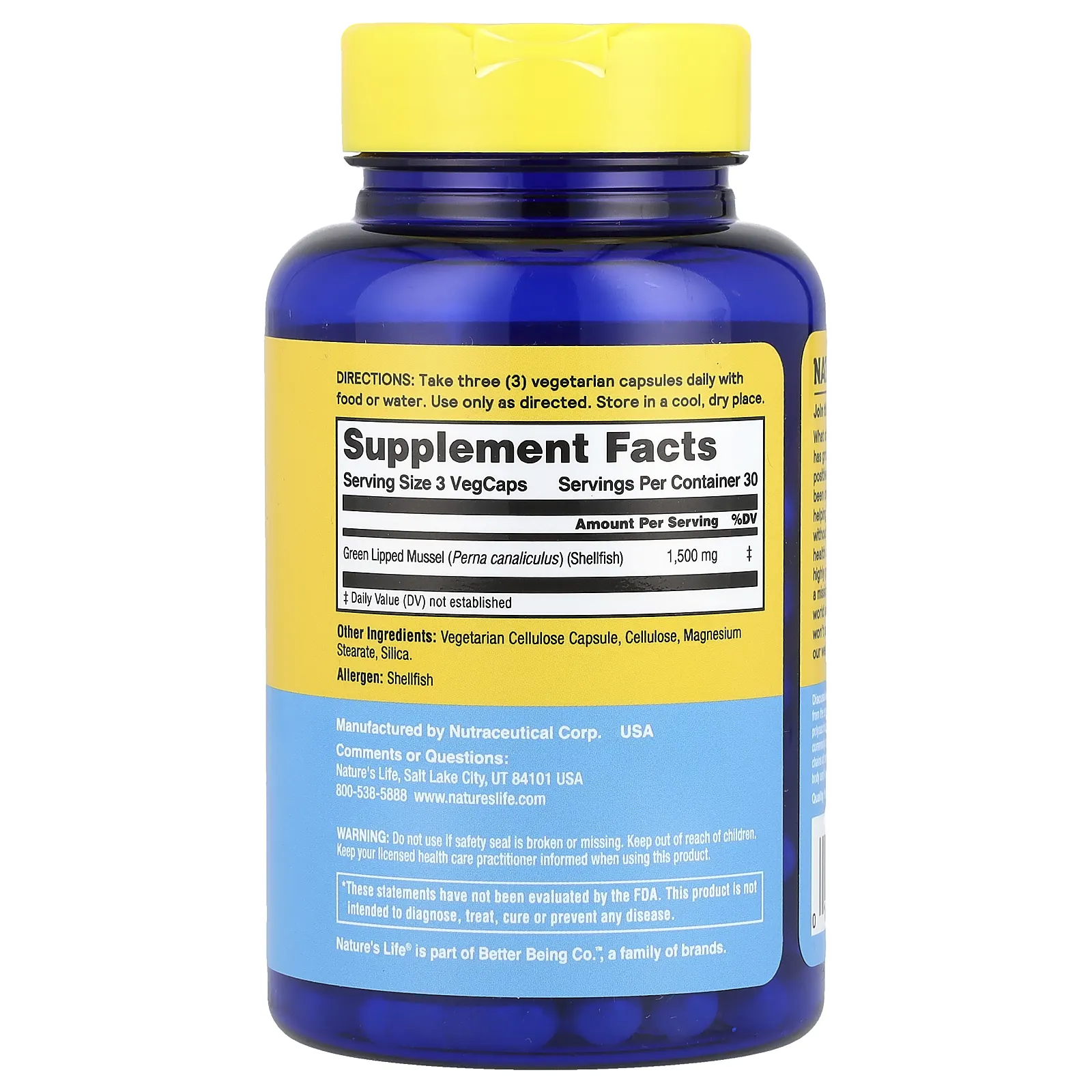 Nature's Life, новозеландские зеленые мидии, 1500 мг, 90 вегетарианских капсул (500 мг в 1 капсуле)