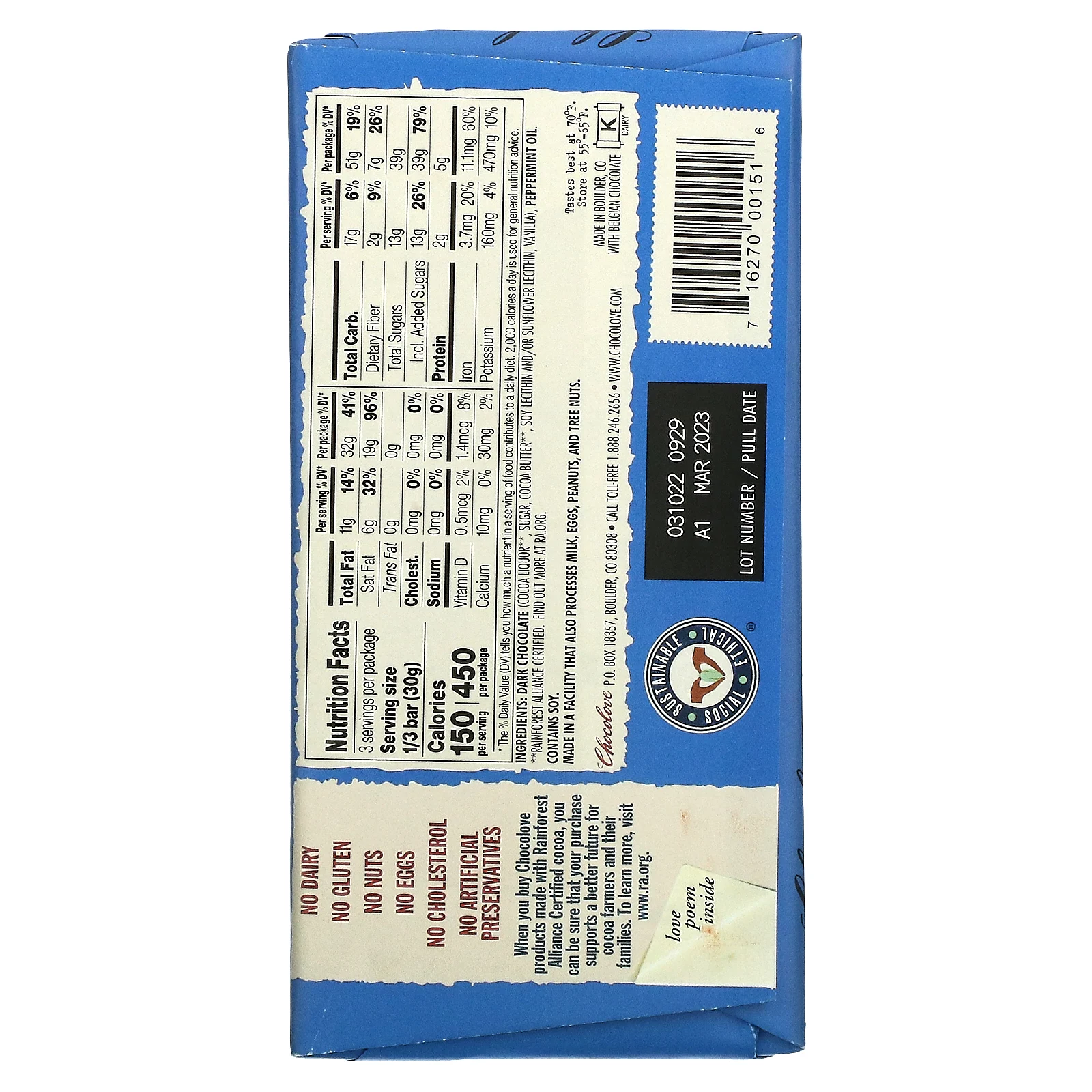 Chocolove, черный шоколад с перечной мятой, 55% какао, 90 г (3,2 унции)