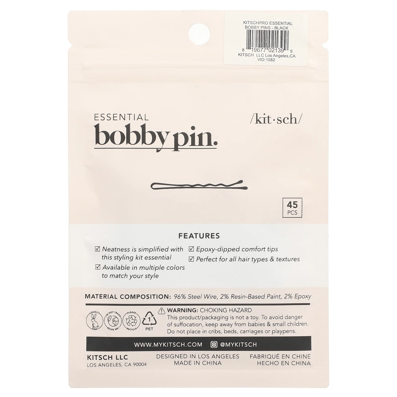 Kitsch, Заколка для бобби Essential, черная, 45 шт.